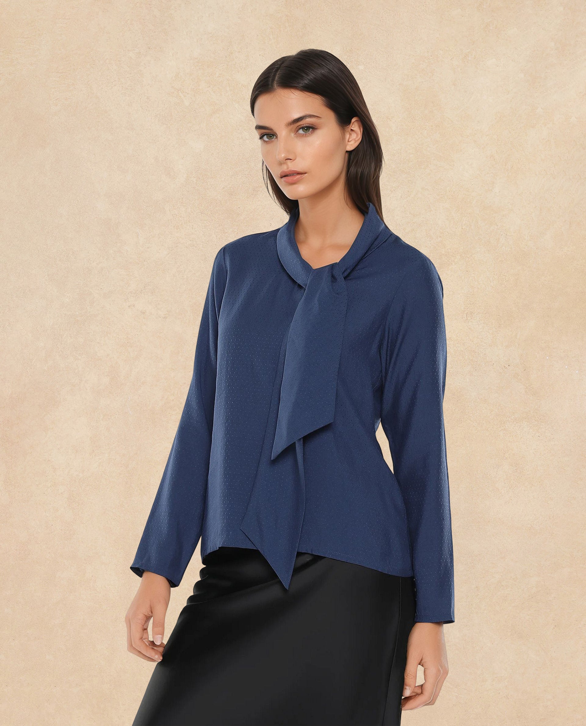 Rareism Women Repowo Navy Full Sleeve Tie Up Neck Button Closure Plain Top