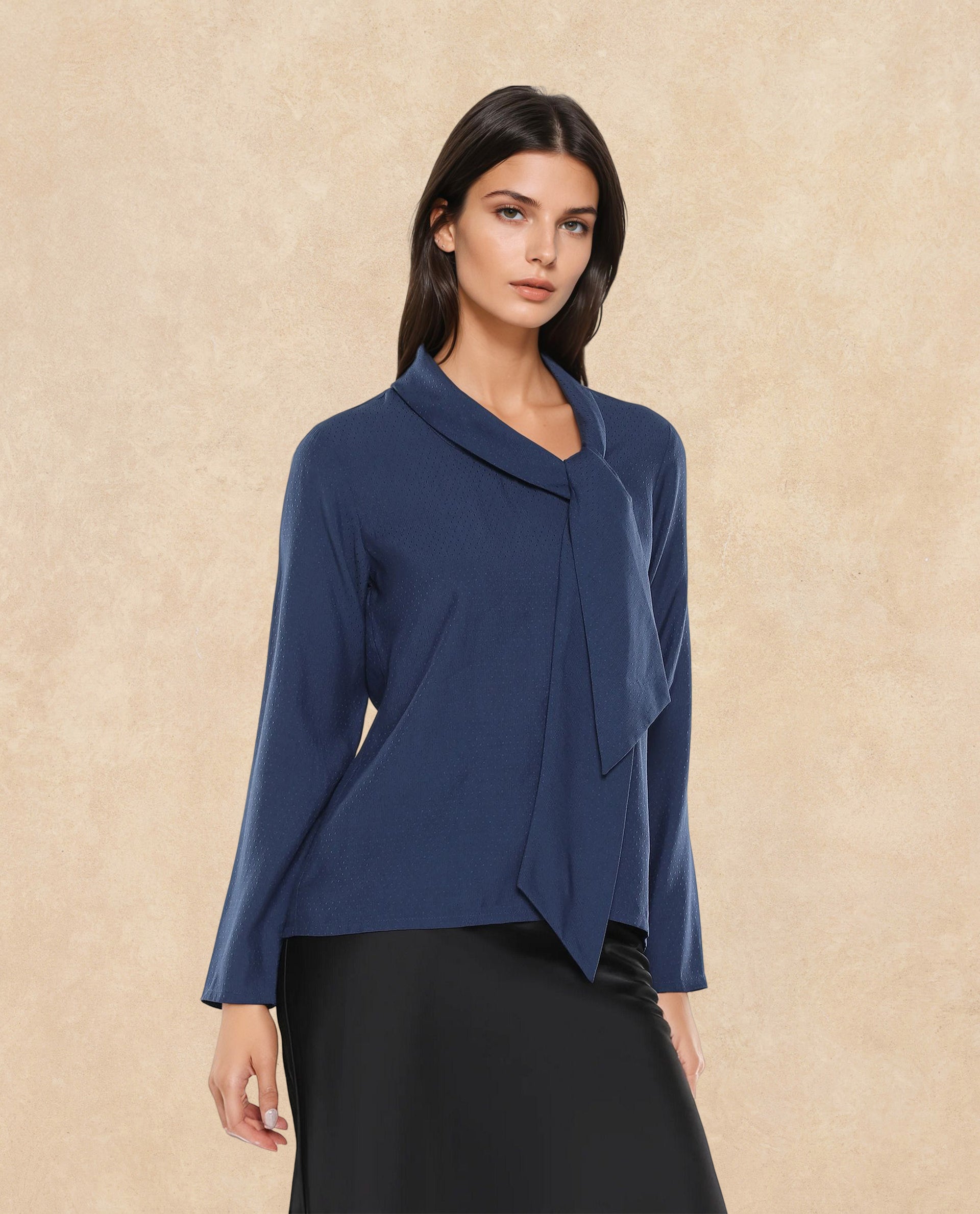 Rareism Women Repowo Navy Full Sleeve Tie Up Neck Button Closure Plain Top