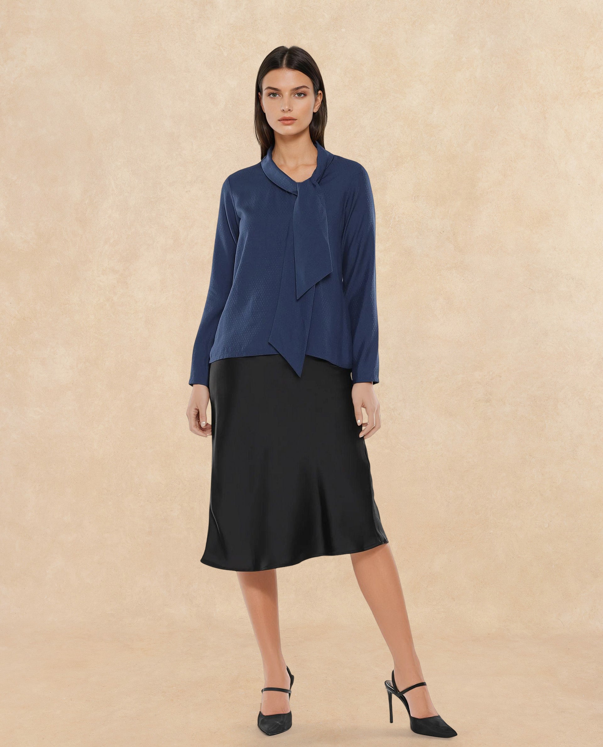 Rareism Women Repowo Navy Full Sleeve Tie Up Neck Button Closure Plain Top