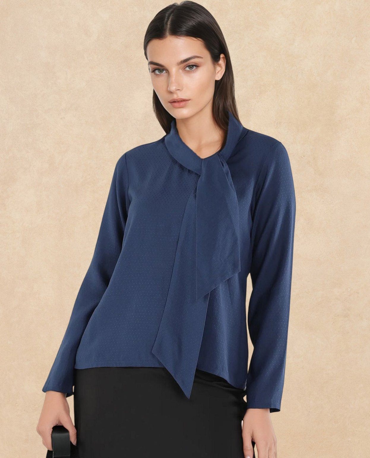 Rareism Women Repowo Navy Full Sleeve Tie Up Neck Button Closure Plain Top