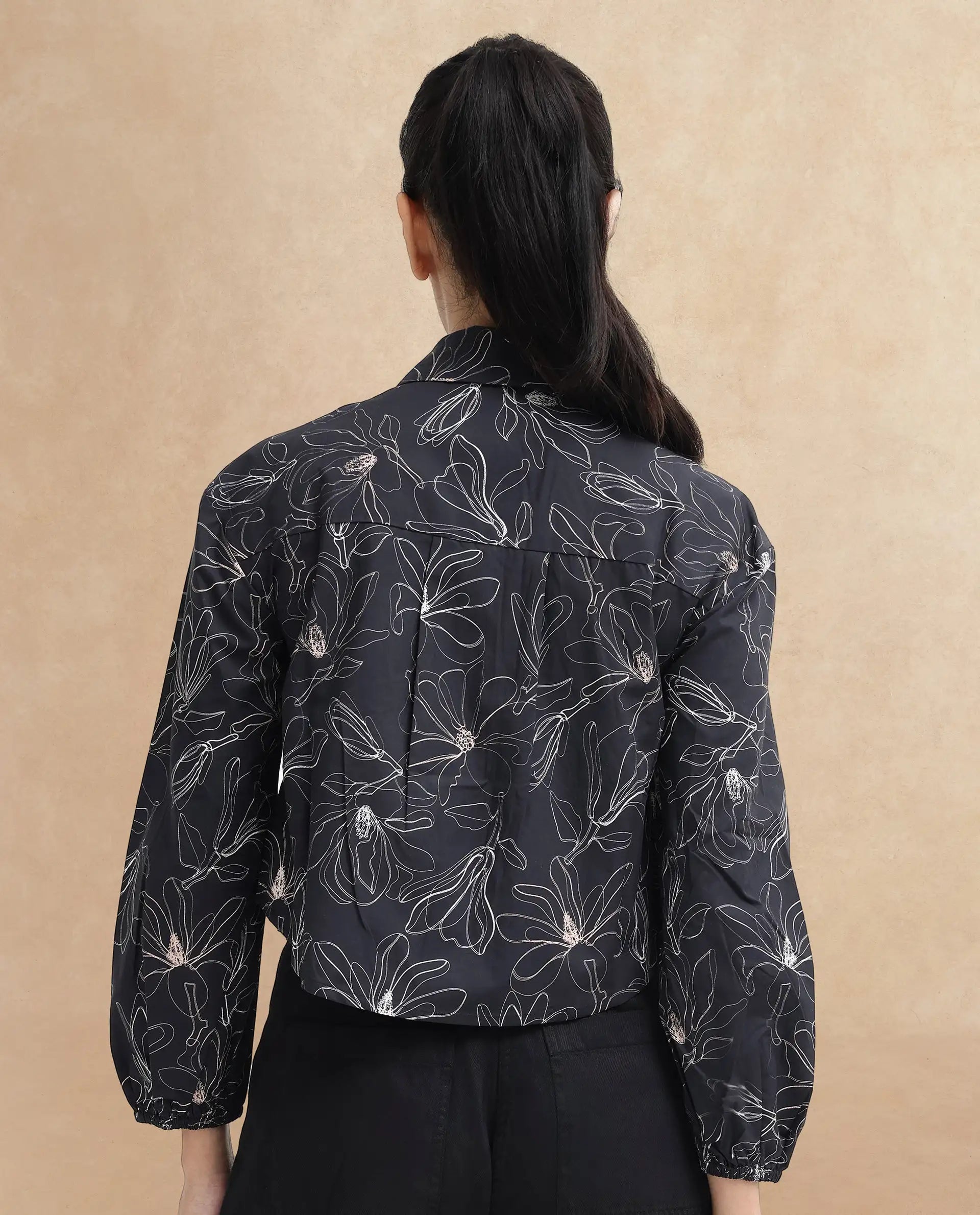 Rareism Women Reynosa Black Cotton Fabric Bishop Sleeves Jonny Collar Floral Print Relaxed Fit Cropped Shirt