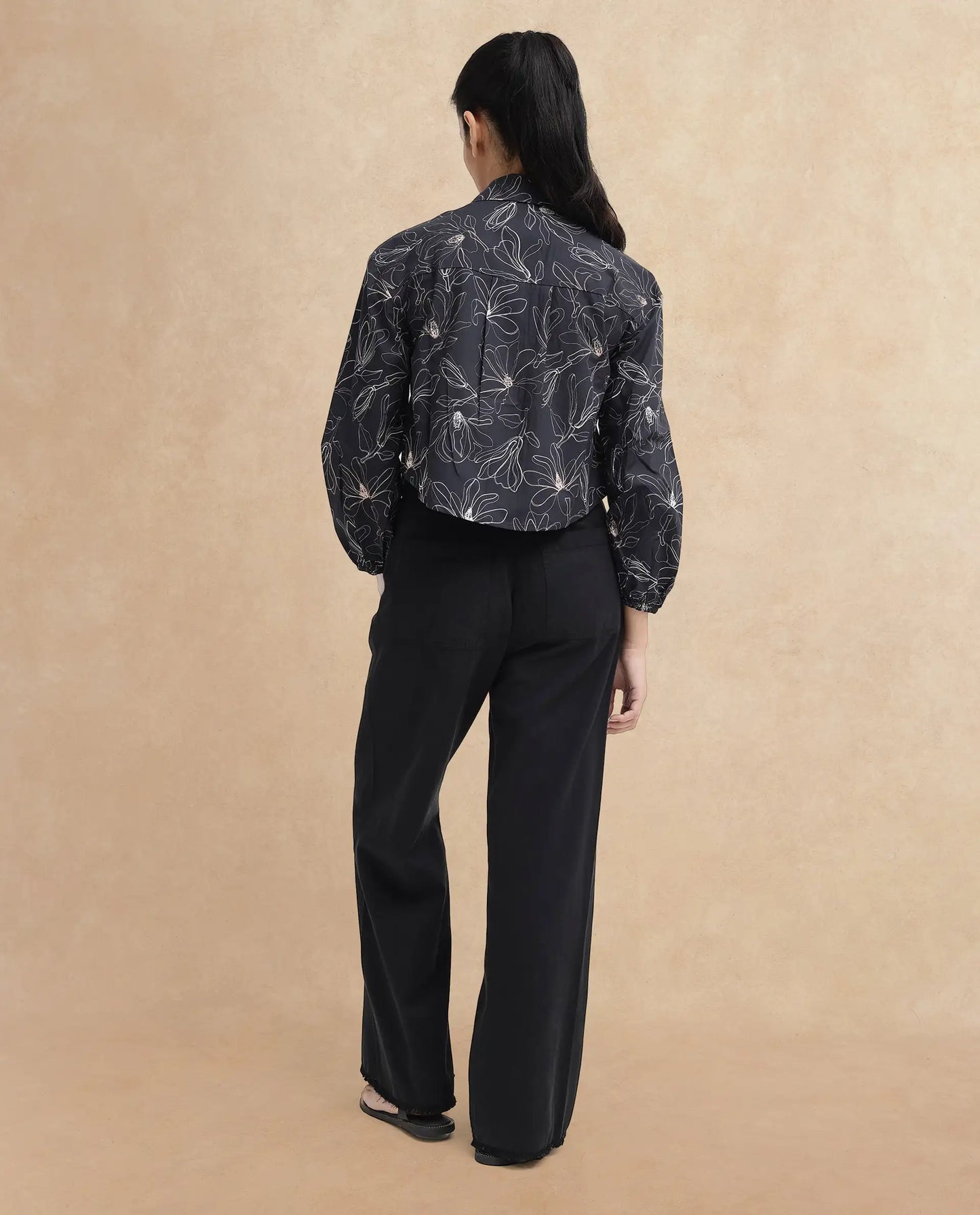 Rareism Women Reynosa Black Cotton Fabric Bishop Sleeves Jonny Collar Floral Print Relaxed Fit Cropped Shirt