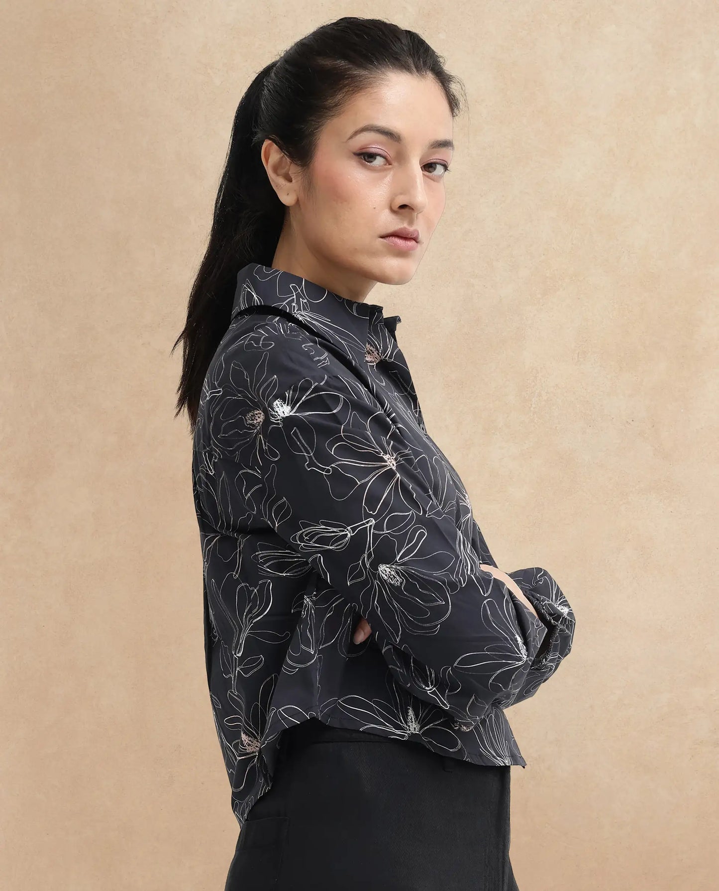 Rareism Women Reynosa Black Cotton Fabric Bishop Sleeves Jonny Collar Floral Print Relaxed Fit Cropped Shirt