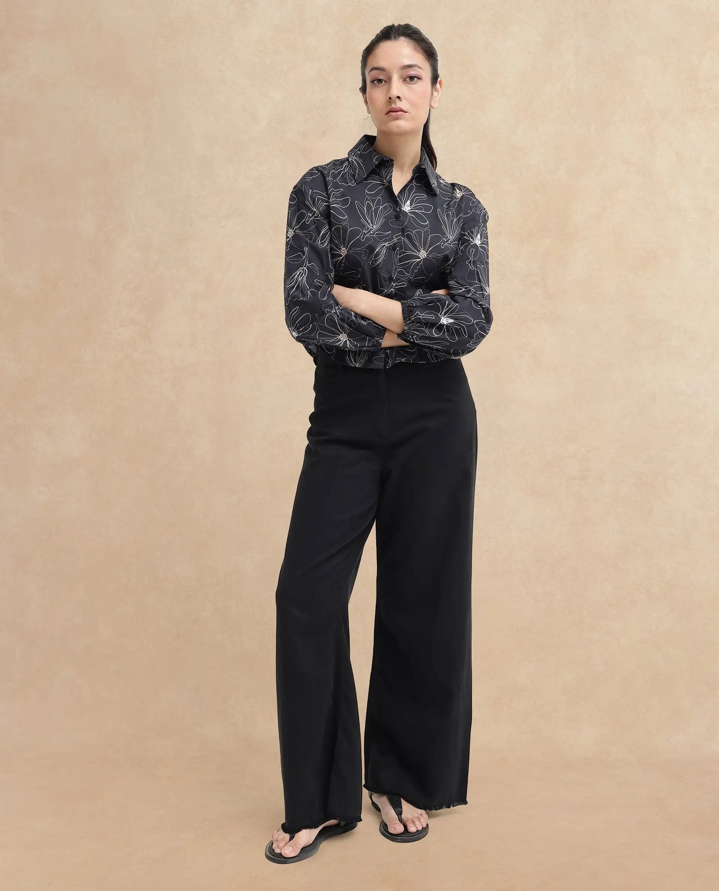 Rareism Women Reynosa Black Cotton Fabric Bishop Sleeves Jonny Collar Floral Print Relaxed Fit Cropped Shirt