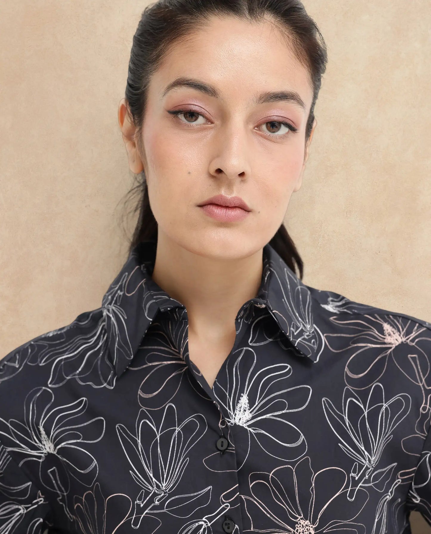 Rareism Women Reynosa Black Cotton Fabric Bishop Sleeves Jonny Collar Floral Print Relaxed Fit Cropped Shirt