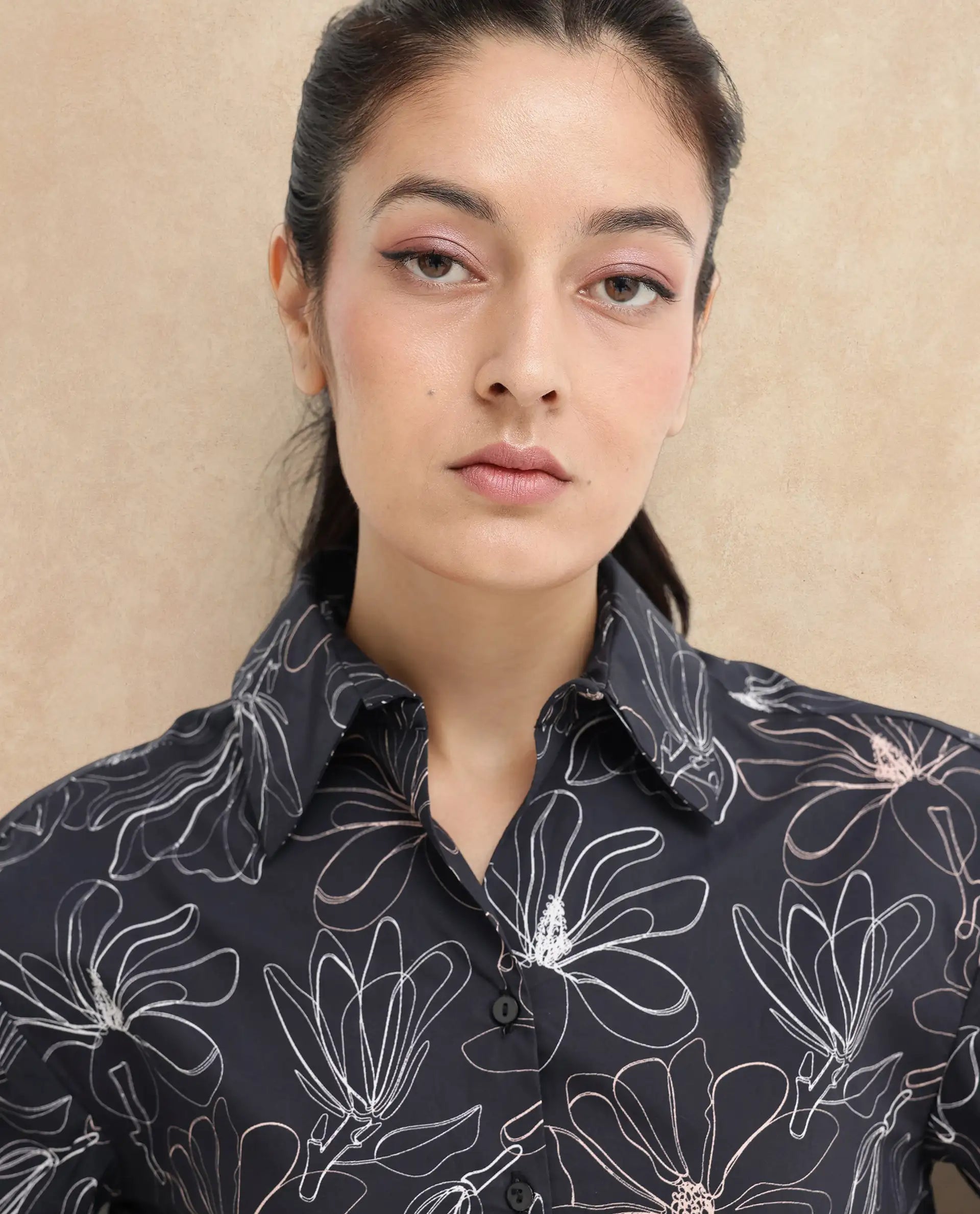 Rareism Women Reynosa Black Cotton Fabric Bishop Sleeves Jonny Collar Floral Print Relaxed Fit Cropped Shirt