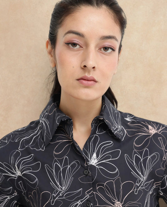 Rareism Women Reynosa Black Cotton Fabric Bishop Sleeves Jonny Collar Floral Print Relaxed Fit Cropped Shirt