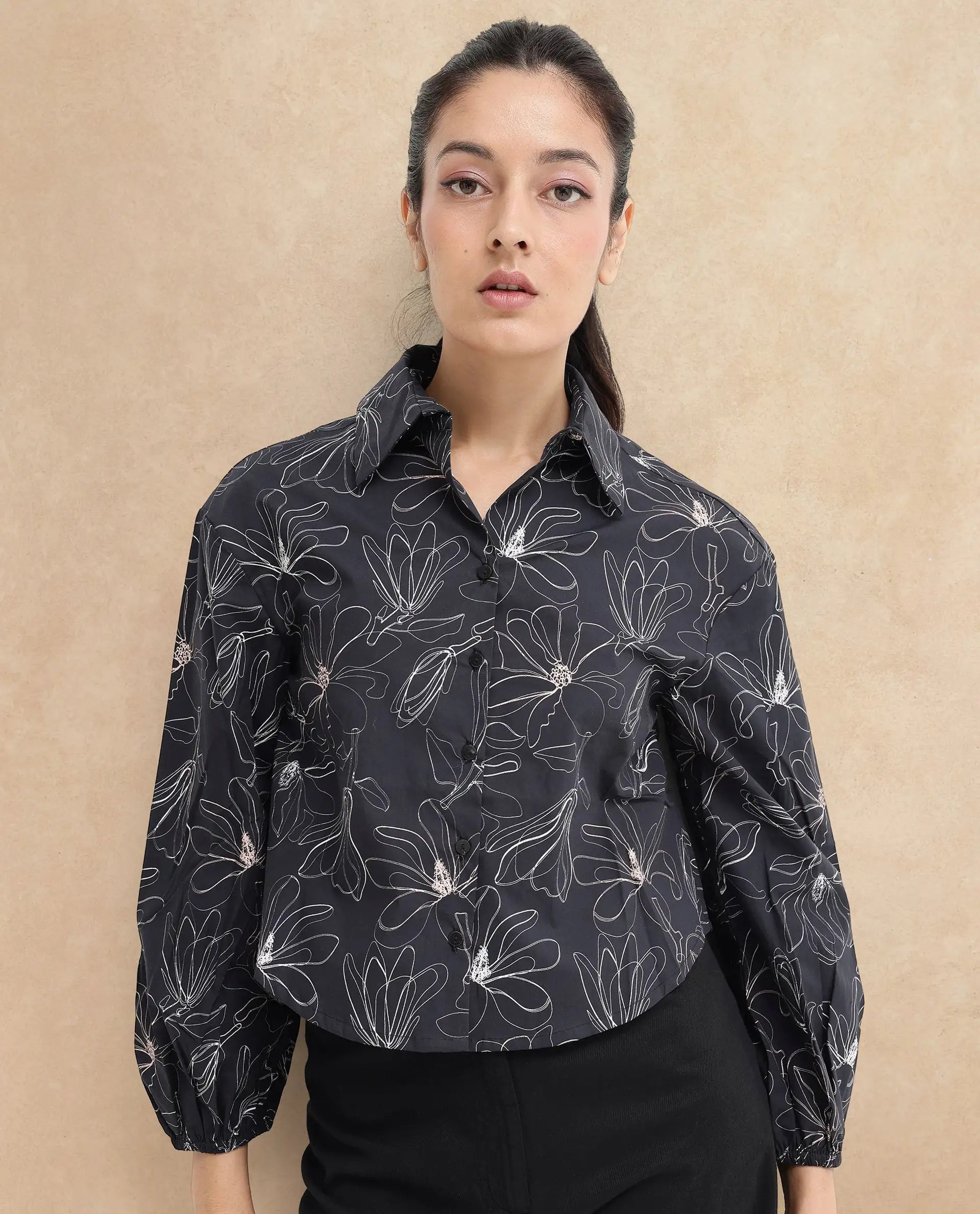 Rareism Women Reynosa Black Cotton Fabric Bishop Sleeves Jonny Collar Floral Print Relaxed Fit Cropped Shirt