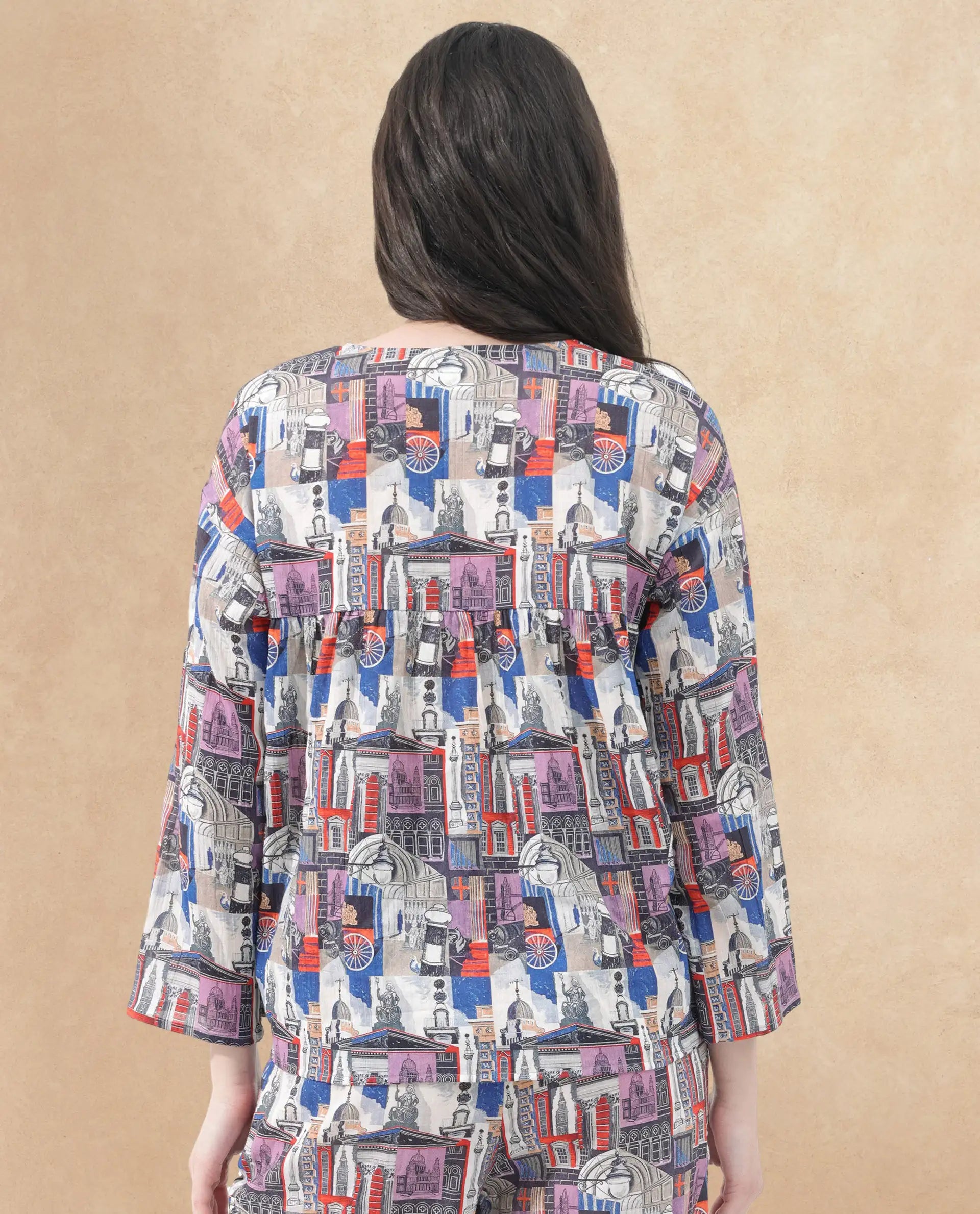 Rareism Women Rinata-T Multi Cotton Fabric Regular Sleeves V-Neck Abstract Print Regular Length Top