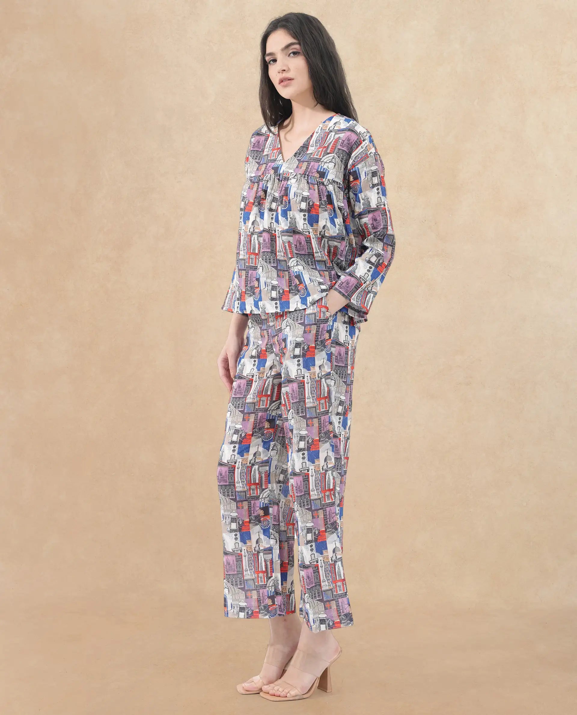 Rareism Women Rinata-T Multi Cotton Fabric Regular Sleeves V-Neck Abstract Print Regular Length Top