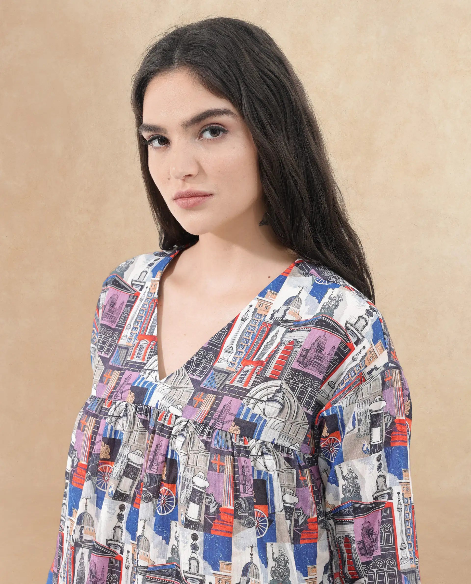 Rareism Women Rinata-T Multi Cotton Fabric Regular Sleeves V-Neck Abstract Print Regular Length Top