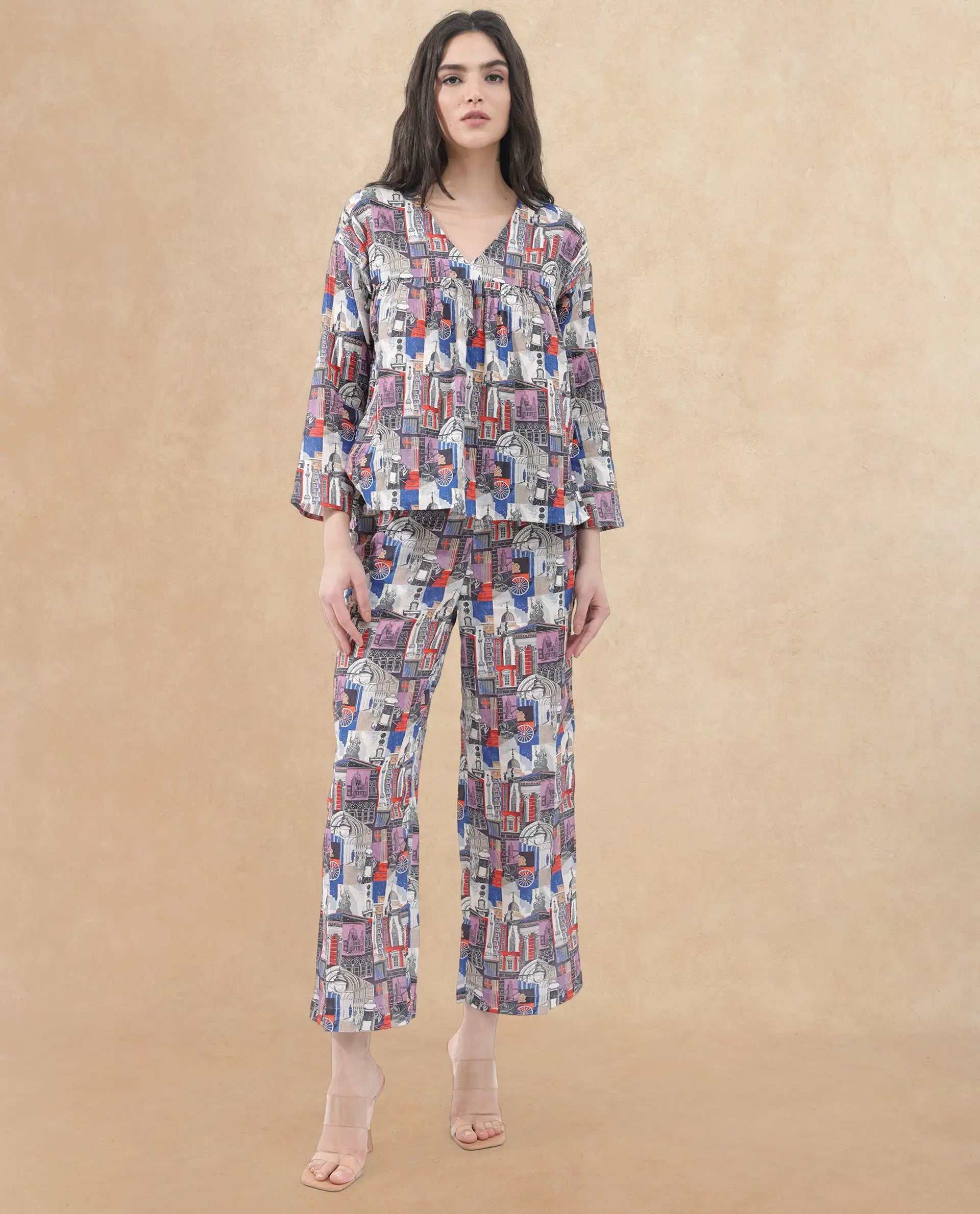 Rareism Women Rinata-T Multi Cotton Fabric Regular Sleeves V-Neck Abstract Print Regular Length Top