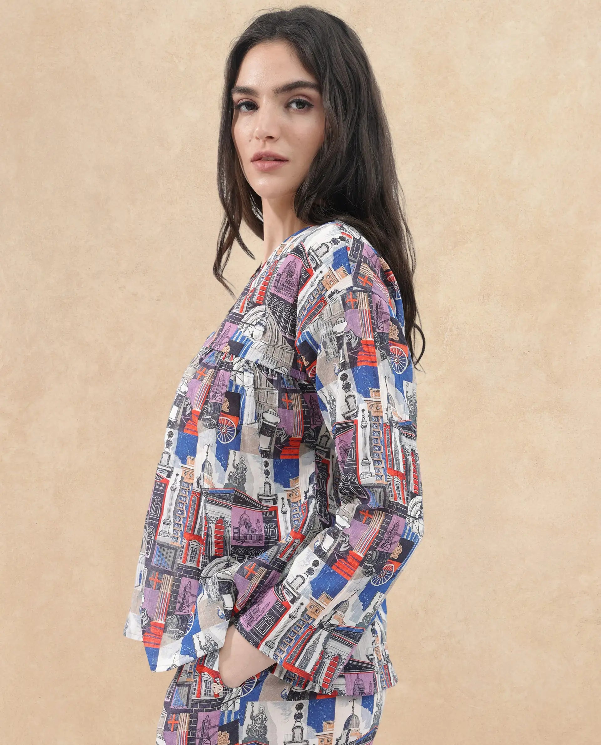 Rareism Women Rinata-T Multi Cotton Fabric Regular Sleeves V-Neck Abstract Print Regular Length Top