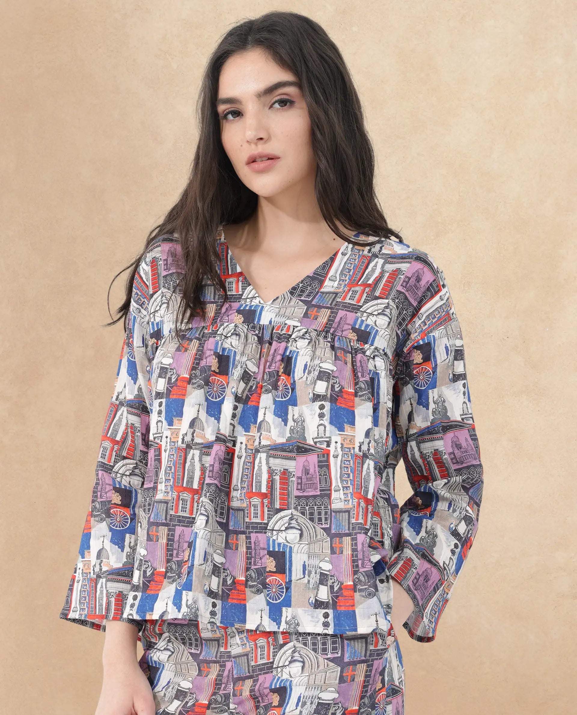 Rareism Women Rinata-T Multi Cotton Fabric Regular Sleeves V-Neck Abstract Print Regular Length Top