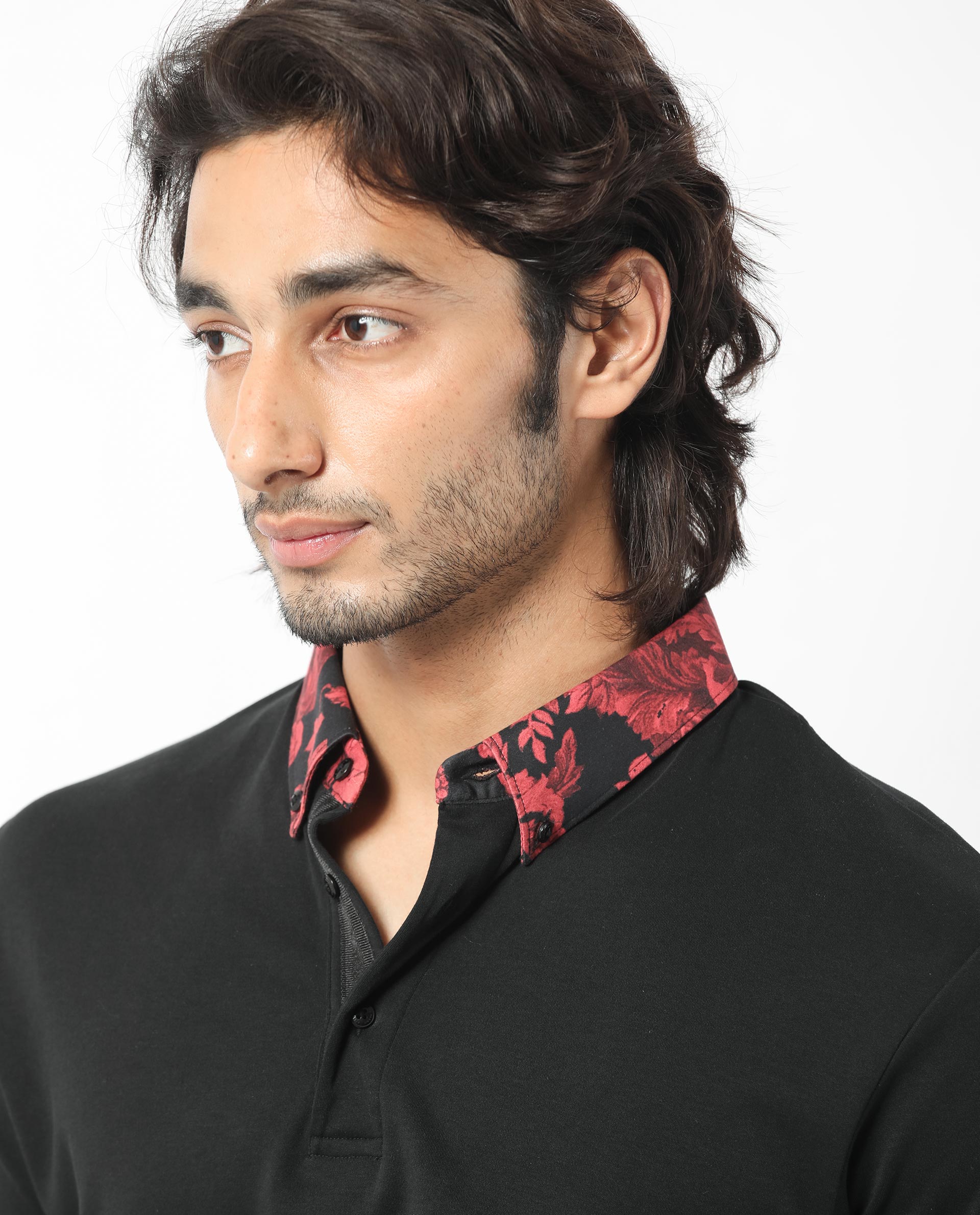 Rare Rabbit Men's Ringer-1 Black Cotton Fabric Printed Collar Neck Half Sleeves Polo T-Shirt