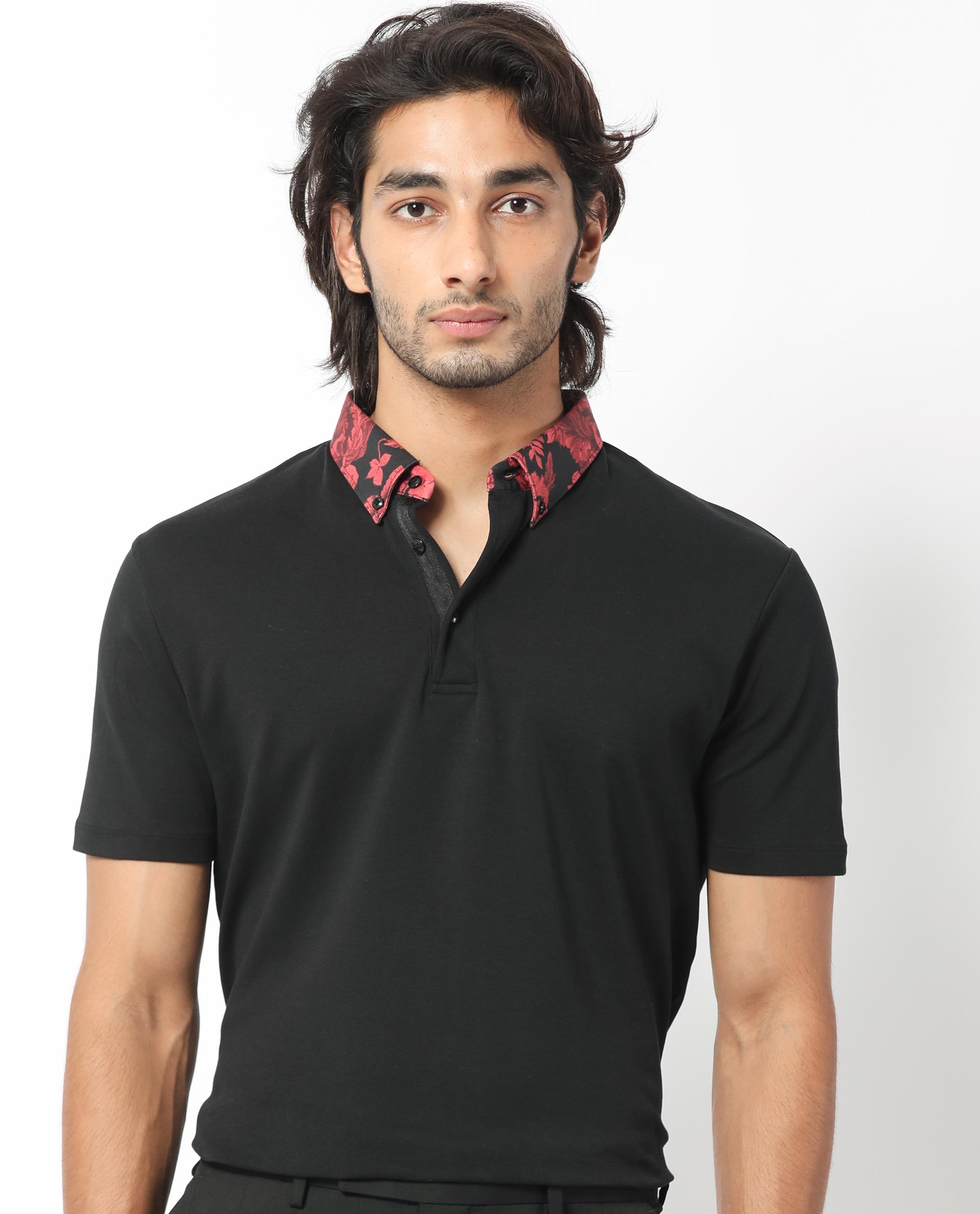 Rare Rabbit Men's Ringer-1 Black Cotton Fabric Printed Collar Neck Half Sleeves Polo T-Shirt