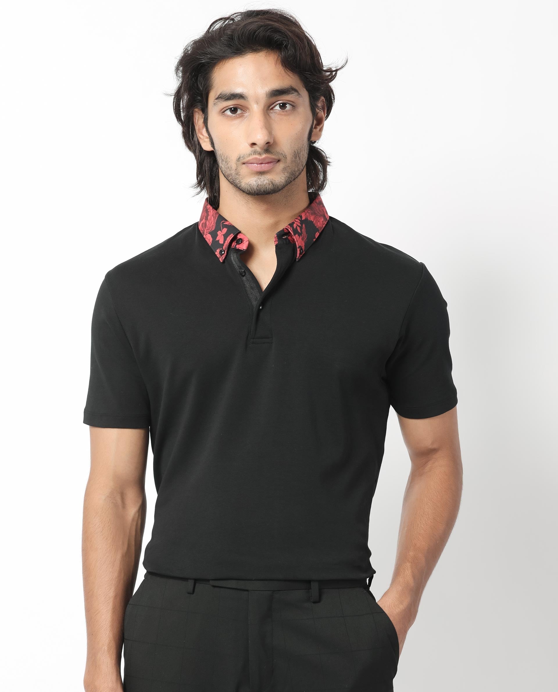 Rare Rabbit Men's Ringer-1 Black Cotton Fabric Printed Collar Neck Half Sleeves Polo T-Shirt