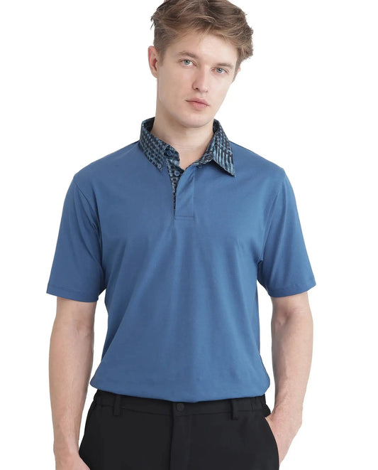 Rare Rabbit Men's Ringer 25 Blue Cotton Blend Fabric Half Sleeve Spread Collar Regular Fit Plain Polo