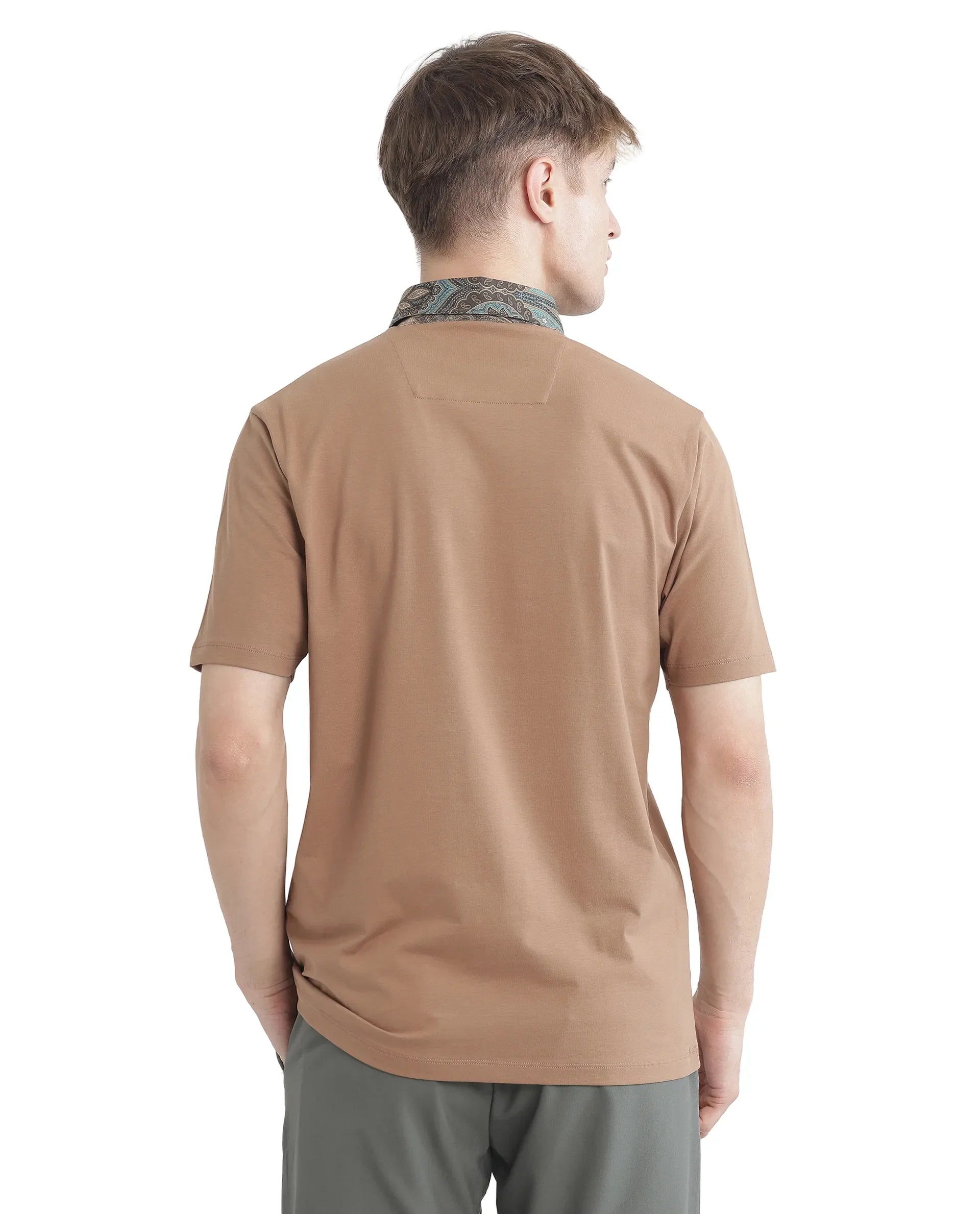 Rare Rabbit Men's Ringer 25 Dusky Beige Cotton Blend Fabric Half Sleeve Spread Collar Regular Fit Plain Polo