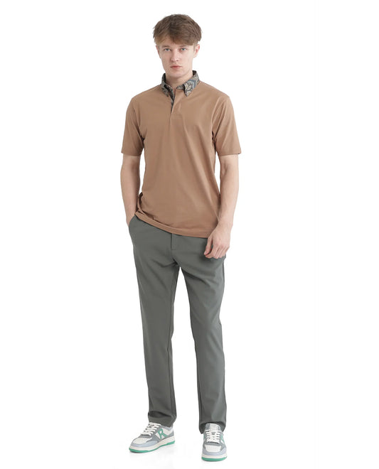 Rare Rabbit Men's Ringer 25 Dusky Beige Cotton Blend Fabric Half Sleeve Spread Collar Regular Fit Plain Polo