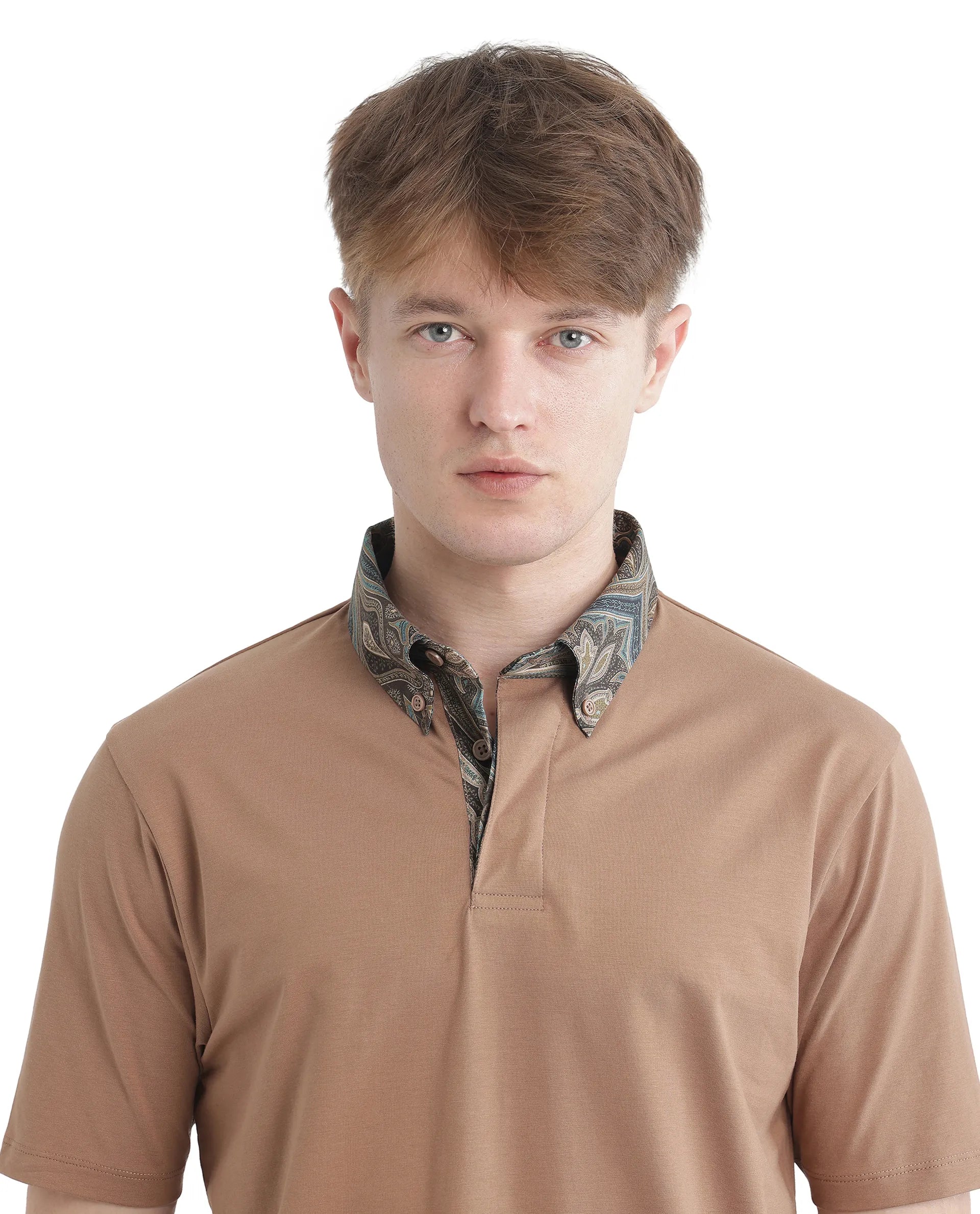 Rare Rabbit Men's Ringer 25 Dusky Beige Cotton Blend Fabric Half Sleeve Spread Collar Regular Fit Plain Polo