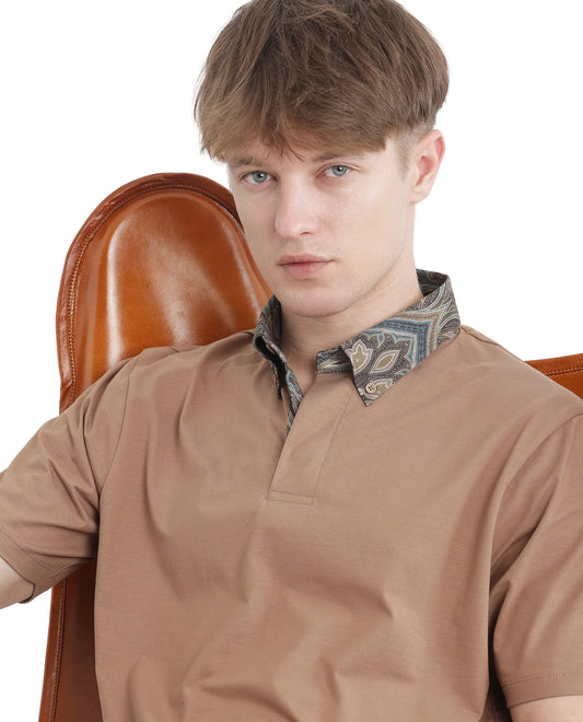 Rare Rabbit Men's Ringer 25 Dusky Beige Cotton Blend Fabric Half Sleeve Spread Collar Regular Fit Plain Polo