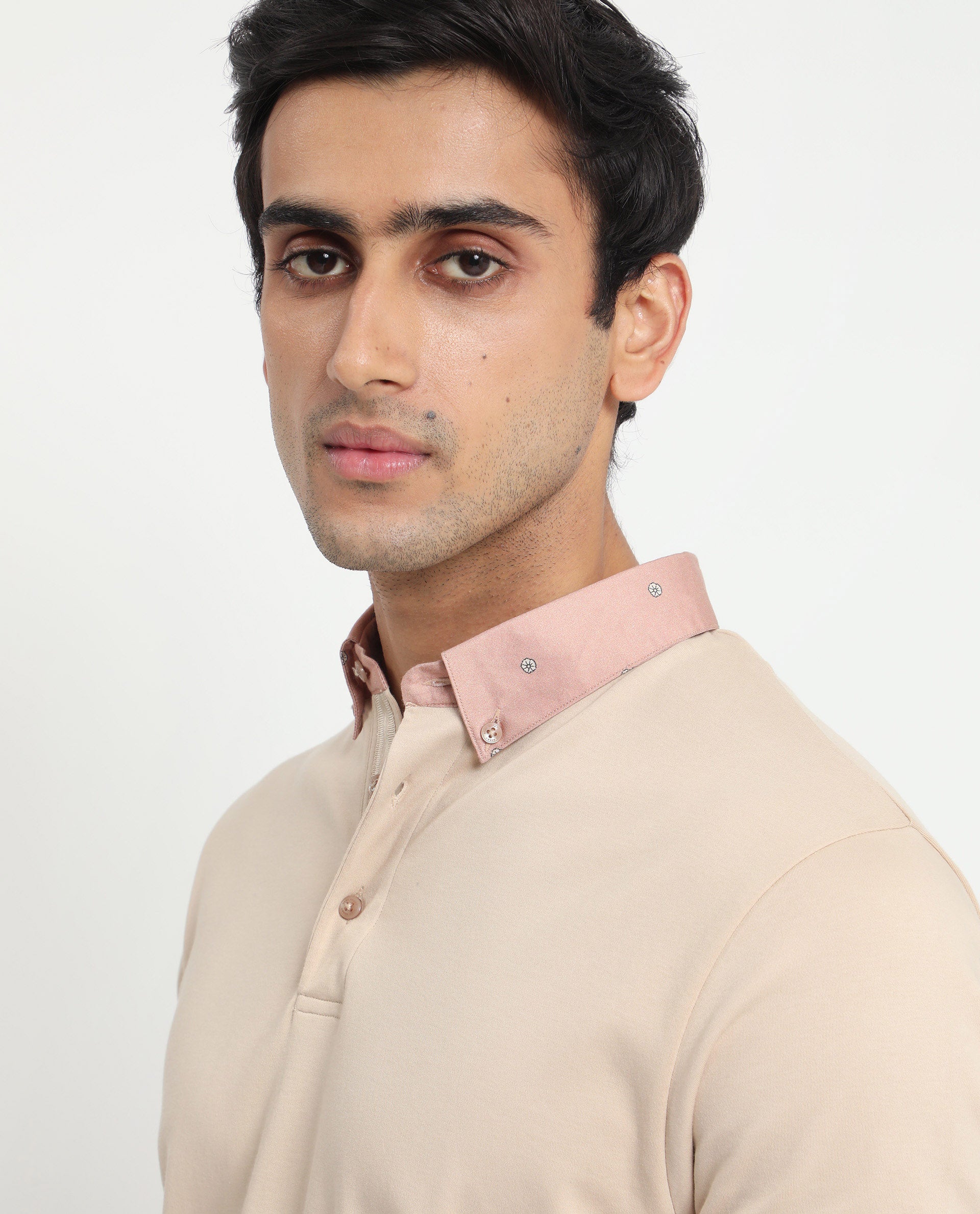 Rare Rabbit Men's Ringer-1 Beige Cotton Fabric Printed Collar Neck Half Sleeves Polo T-Shirt