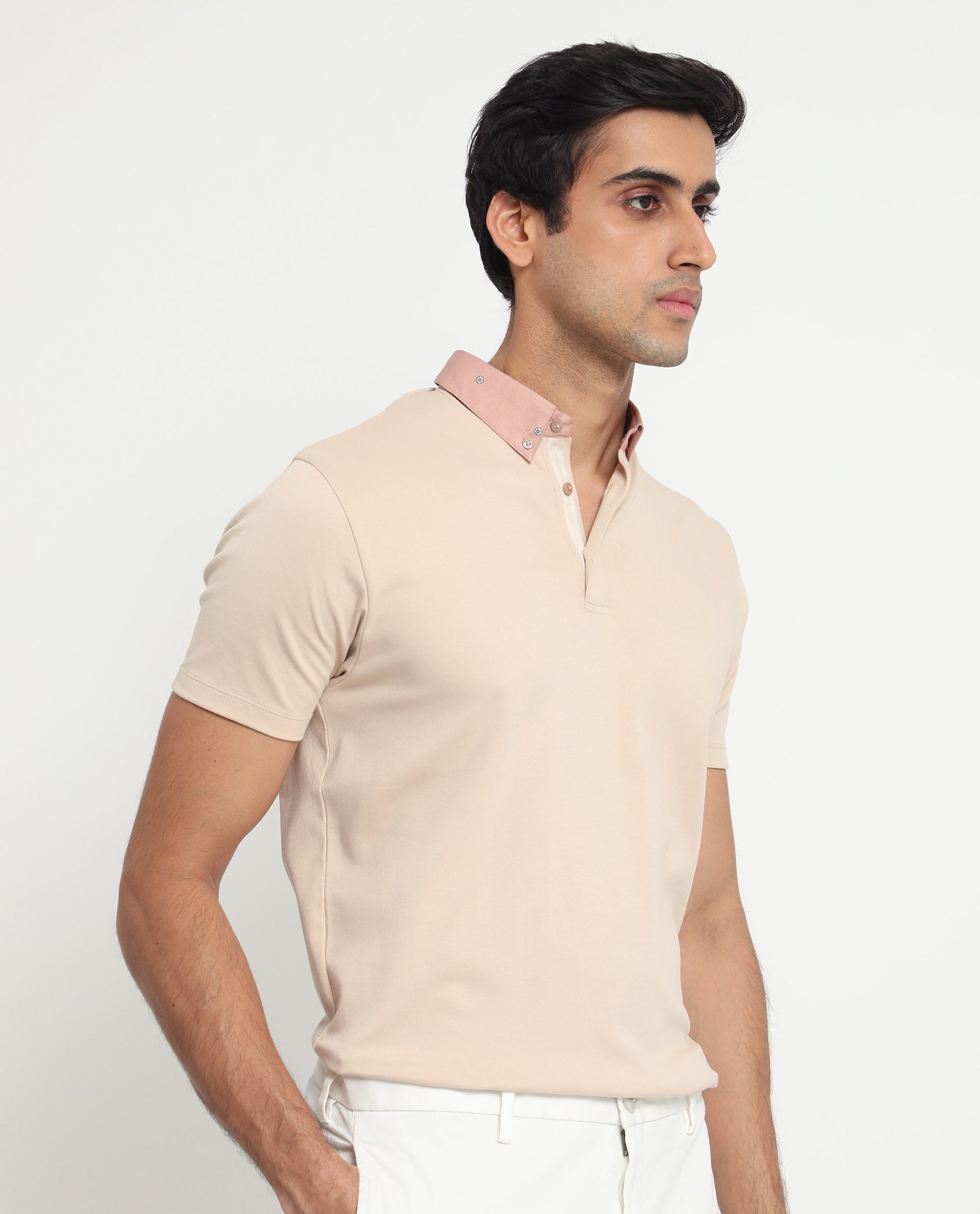 Rare Rabbit Men's Ringer-1 Beige Cotton Fabric Printed Collar Neck Half Sleeves Polo T-Shirt
