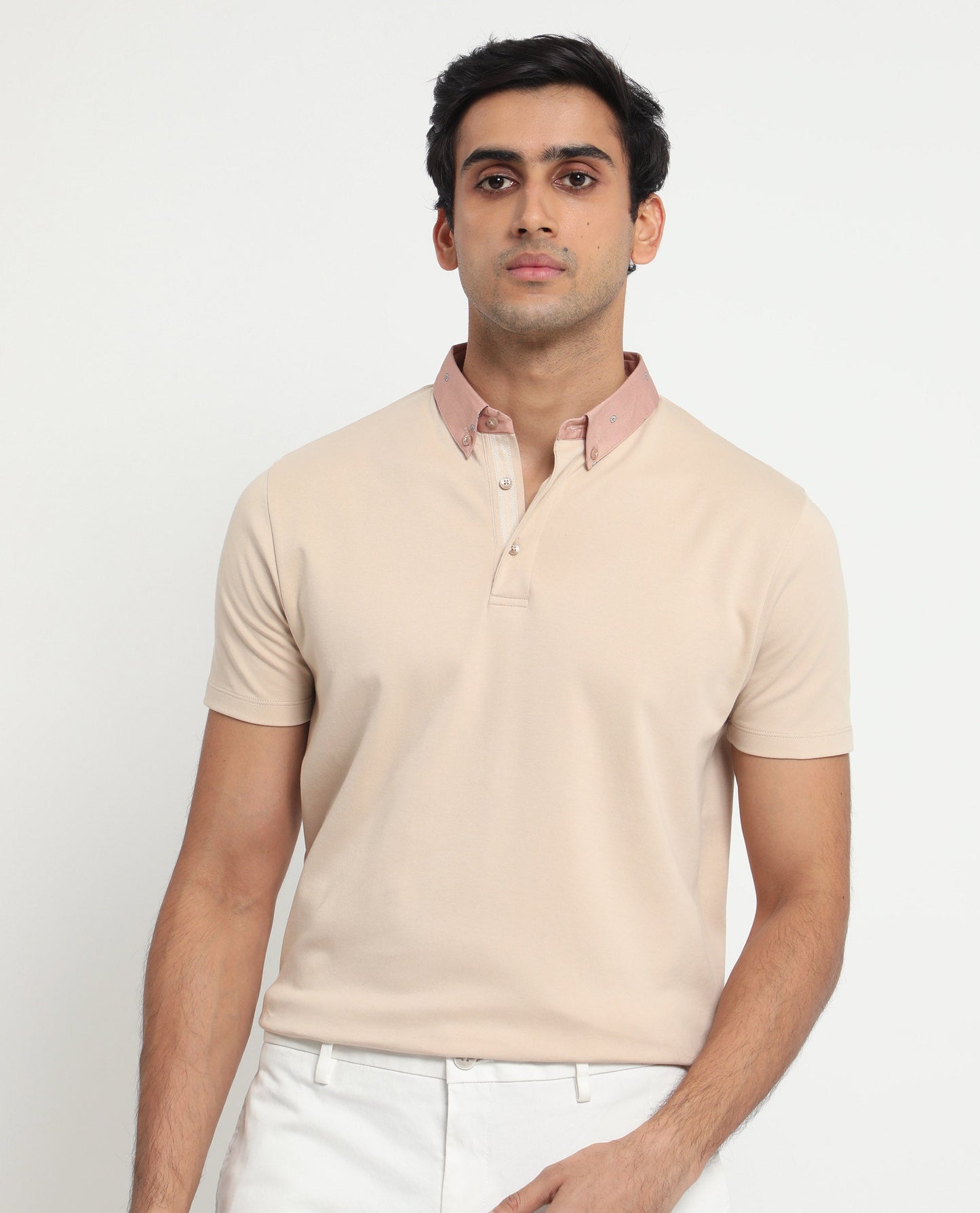 Rare Rabbit Men's Ringer-1 Beige Cotton Fabric Printed Collar Neck Half Sleeves Polo T-Shirt