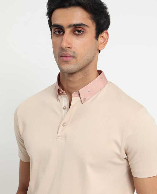 Rare Rabbit Men's Ringer-1 Beige Cotton Fabric Printed Collar Neck Half Sleeves Polo T-Shirt