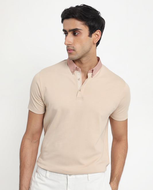 Rare Rabbit Men's Ringer-1 Beige Cotton Fabric Printed Collar Neck Half Sleeves Polo T-Shirt