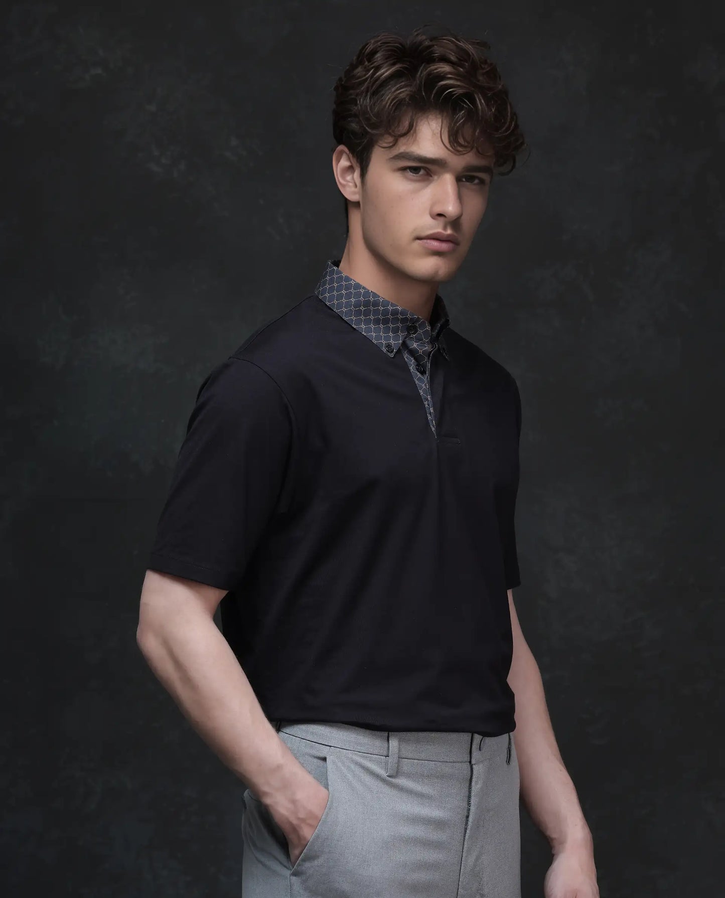 Rare Rabbit Men's Rinz Black Cotton Blend Fabric Half Sleeve Spread Collar Regular Fit Plain Polo