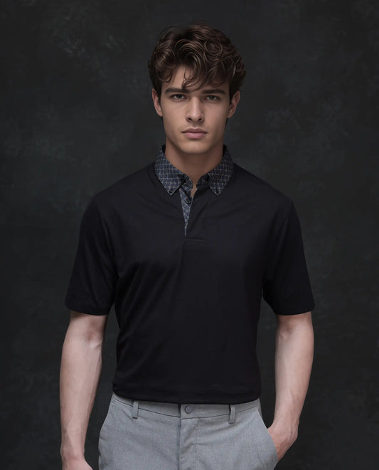 Rare Rabbit Men's Rinz Black Cotton Blend Fabric Half Sleeve Spread Collar Regular Fit Plain Polo