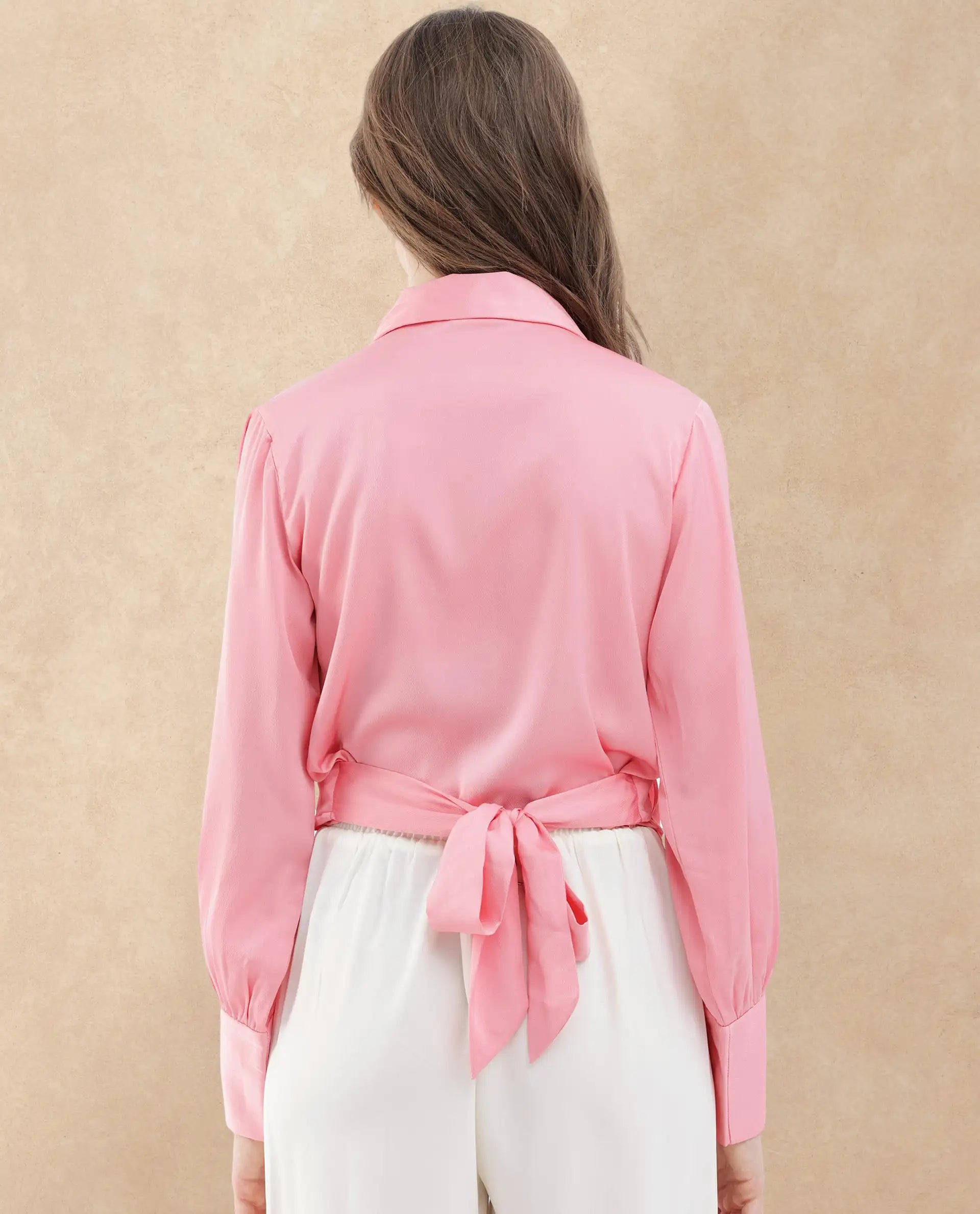 Rareism Women Riola Pastel Pink Polyester Fabric Full Sleeves Tie-Up Closure Johnny Collar Cuffed Sleeve Regular Fit Plain Cropped Top