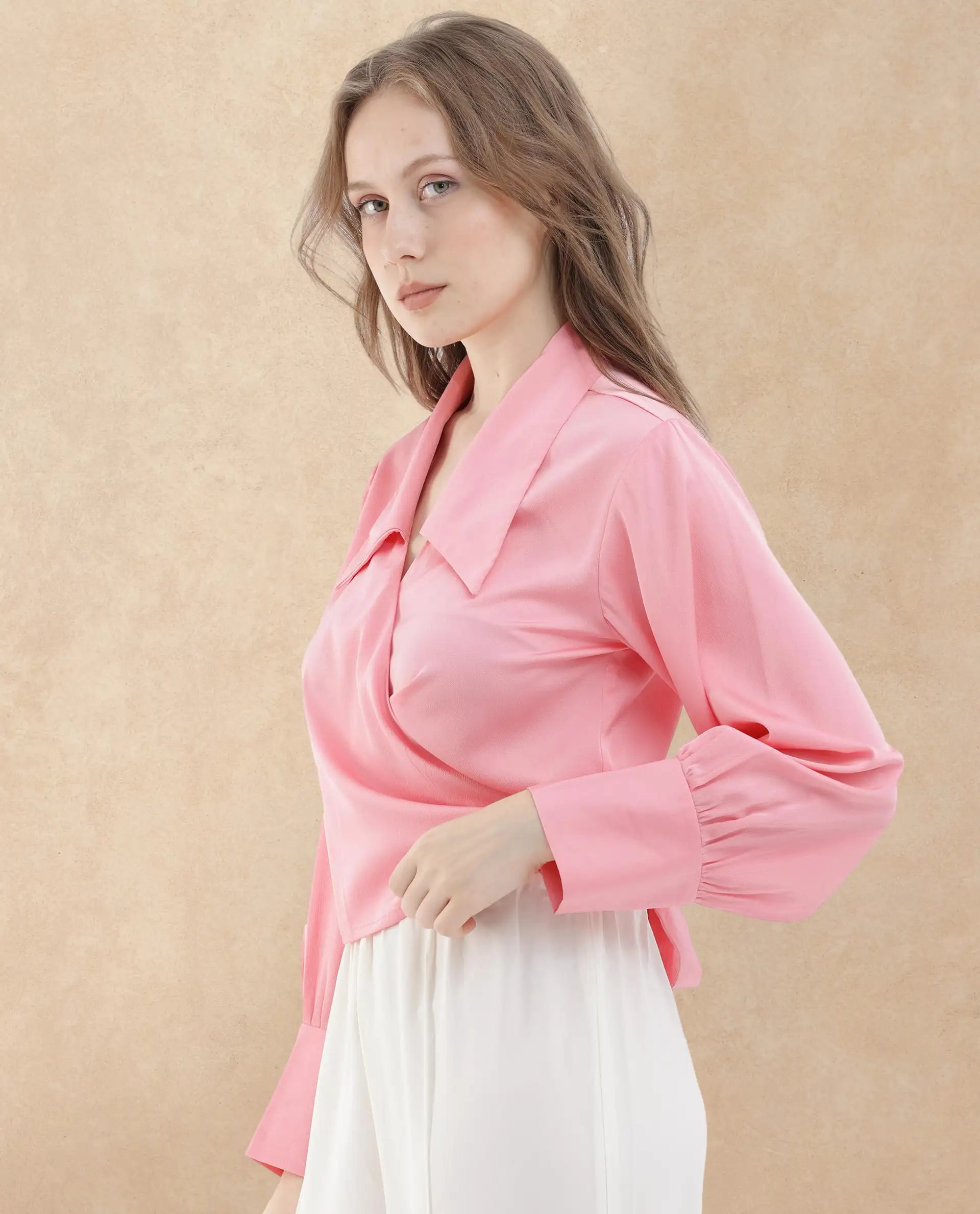 Rareism Women Riola Pastel Pink Polyester Fabric Full Sleeves Tie-Up Closure Johnny Collar Cuffed Sleeve Regular Fit Plain Cropped Top