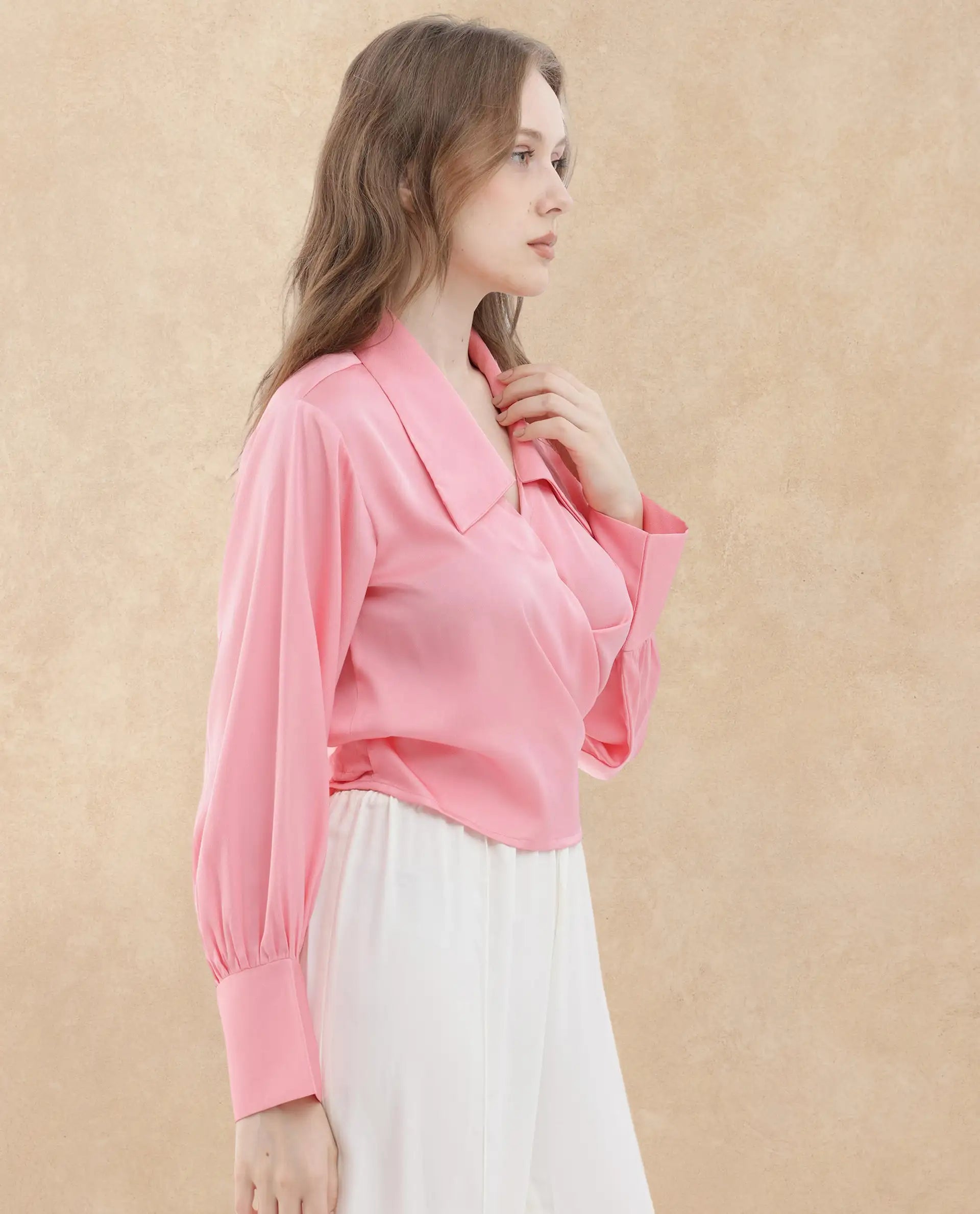 Rareism Women Riola Pastel Pink Polyester Fabric Full Sleeves Tie-Up Closure Johnny Collar Cuffed Sleeve Regular Fit Plain Cropped Top