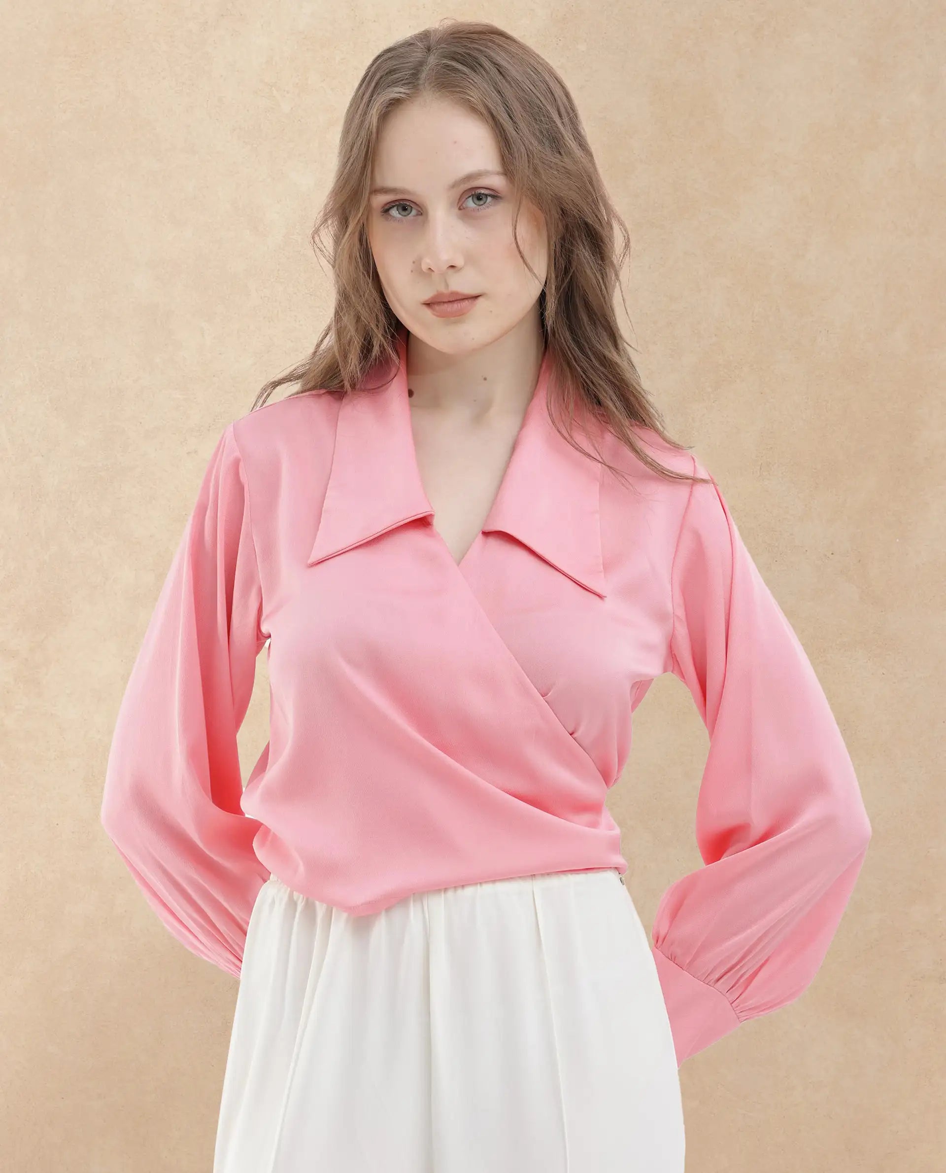 Rareism Women Riola Pastel Pink Polyester Fabric Full Sleeves Tie-Up Closure Johnny Collar Cuffed Sleeve Regular Fit Plain Cropped Top
