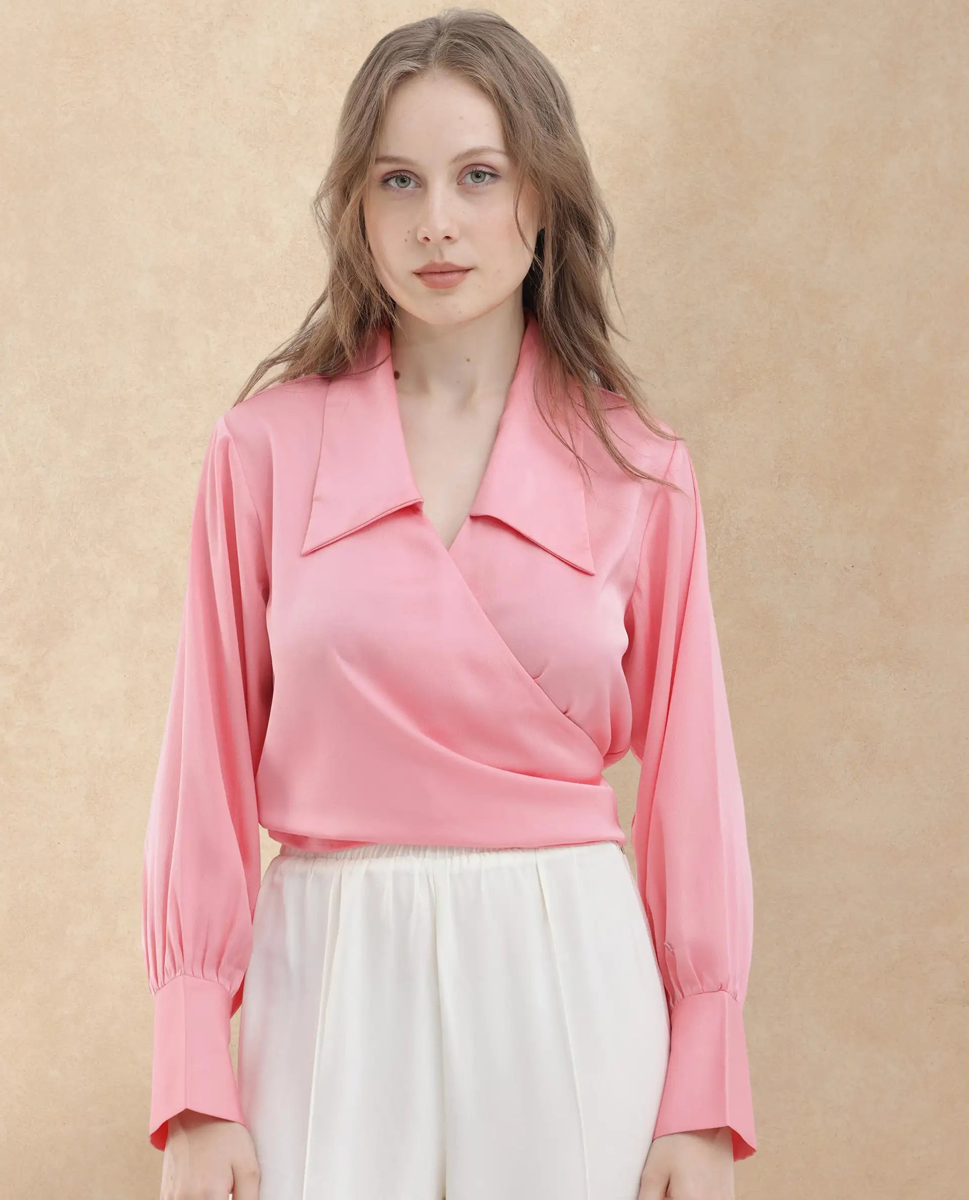 Rareism Women Riola Pastel Pink Polyester Fabric Full Sleeves Tie-Up Closure Johnny Collar Cuffed Sleeve Regular Fit Plain Cropped Top