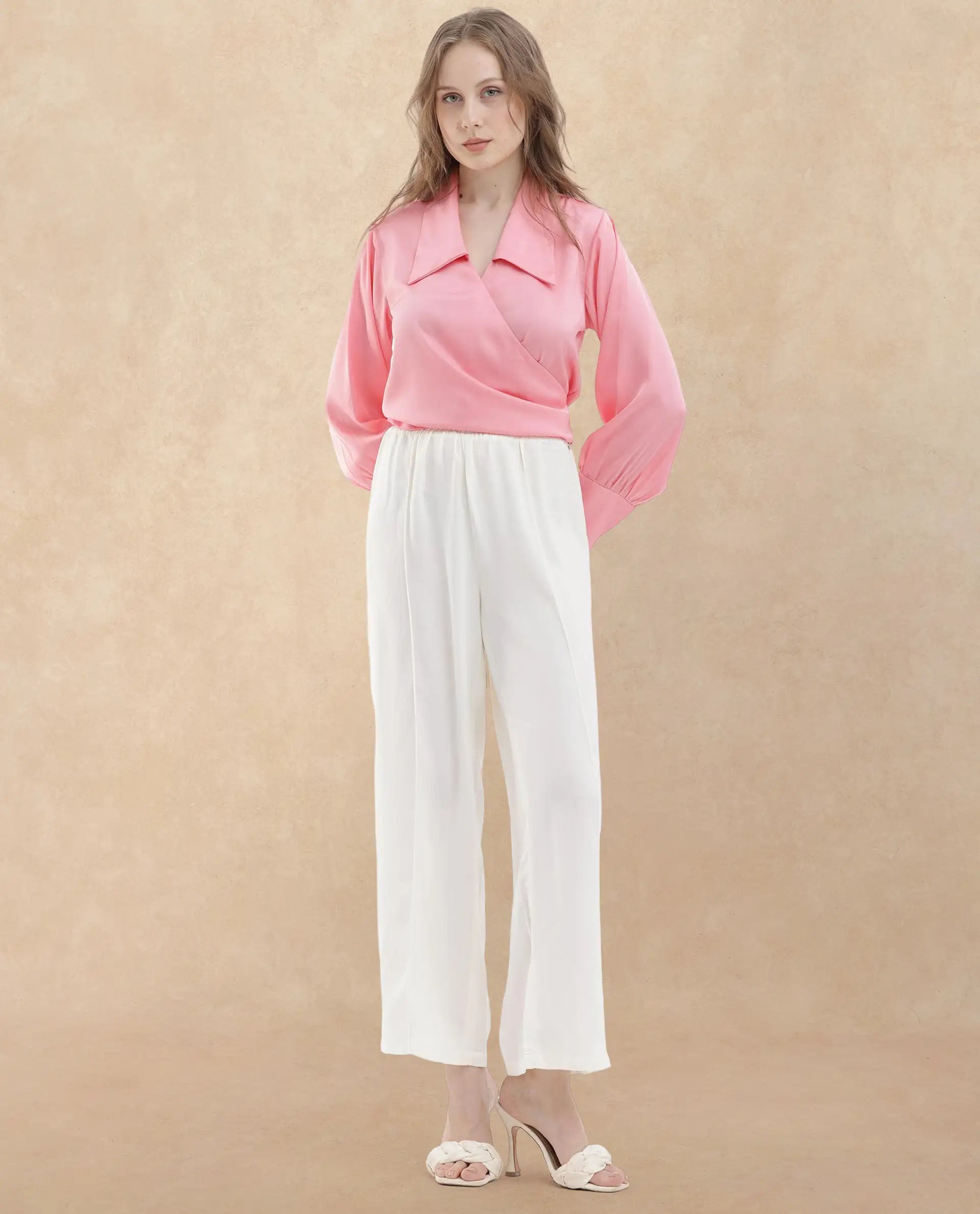Rareism Women Riola Pastel Pink Polyester Fabric Full Sleeves Tie-Up Closure Johnny Collar Cuffed Sleeve Regular Fit Plain Cropped Top