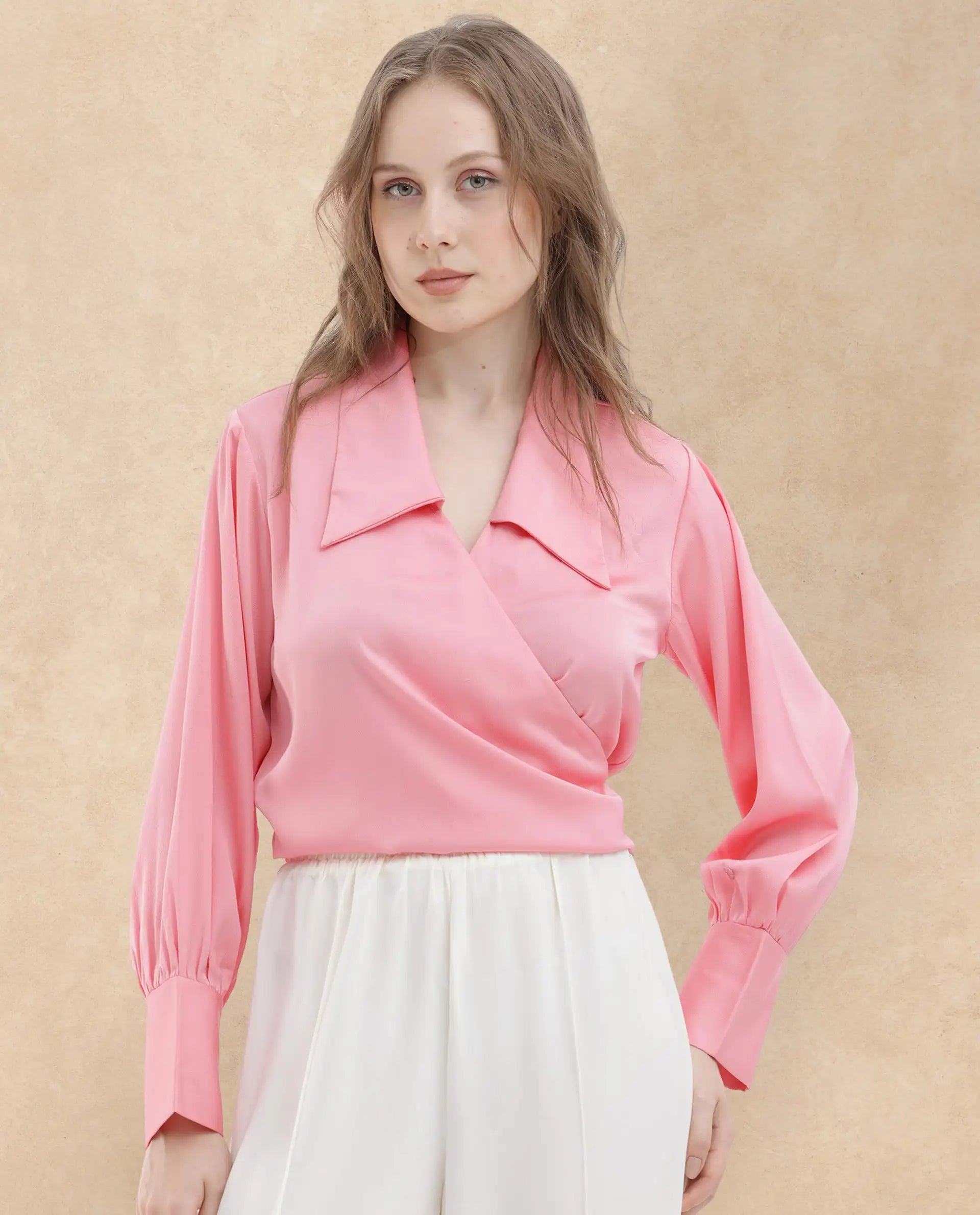 Rareism Women Riola Pastel Pink Polyester Fabric Full Sleeves Tie-Up Closure Johnny Collar Cuffed Sleeve Regular Fit Plain Cropped Top