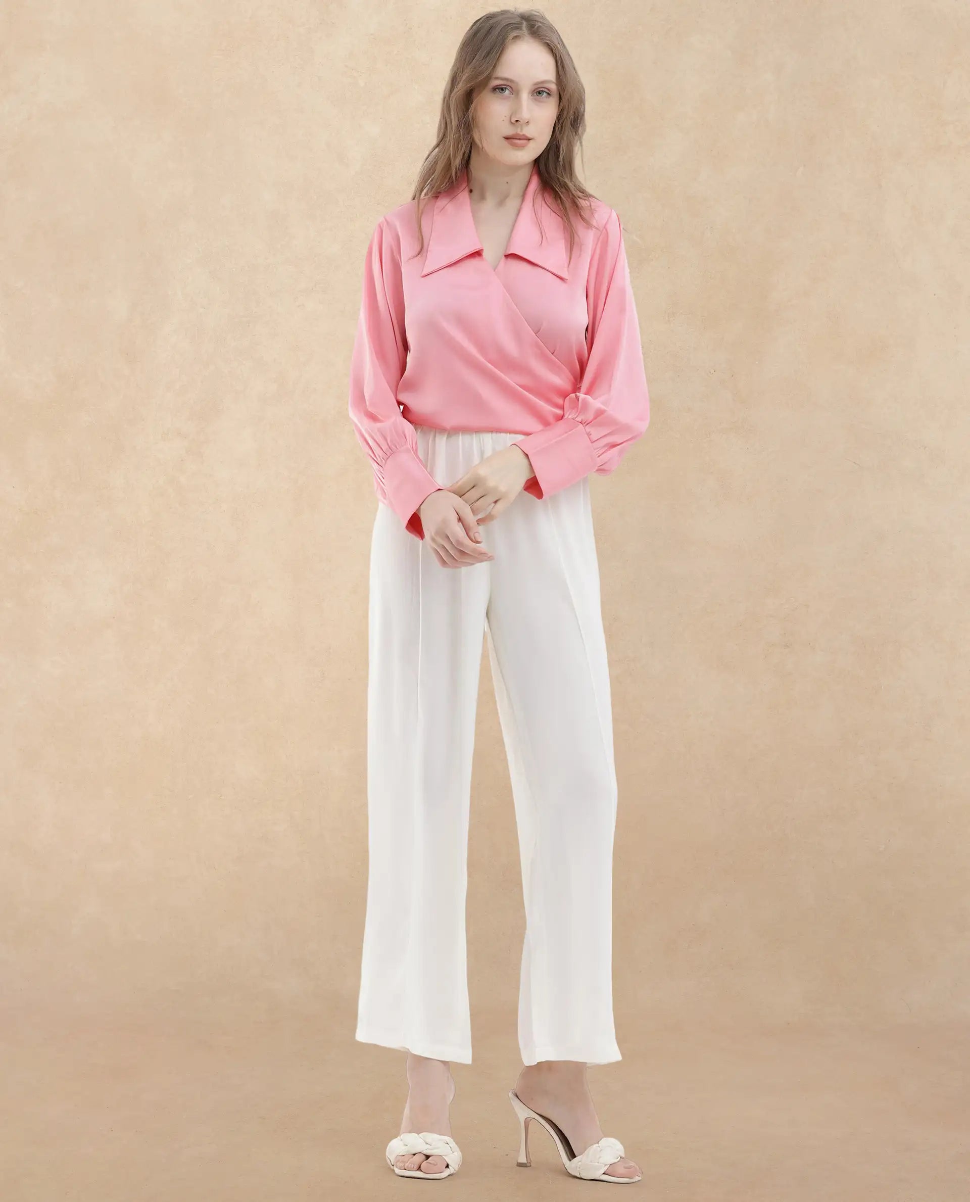 Rareism Women Riola Pastel Pink Polyester Fabric Full Sleeves Tie-Up Closure Johnny Collar Cuffed Sleeve Regular Fit Plain Cropped Top