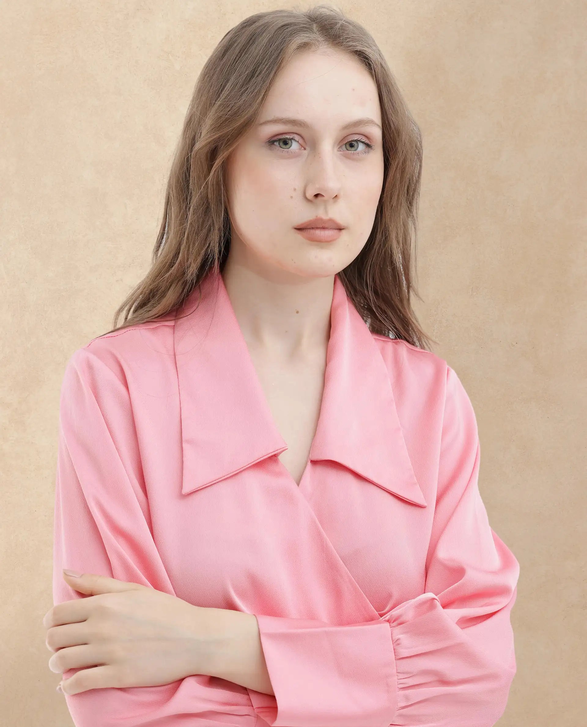 Rareism Women Riola Pastel Pink Polyester Fabric Full Sleeves Tie-Up Closure Johnny Collar Cuffed Sleeve Regular Fit Plain Cropped Top