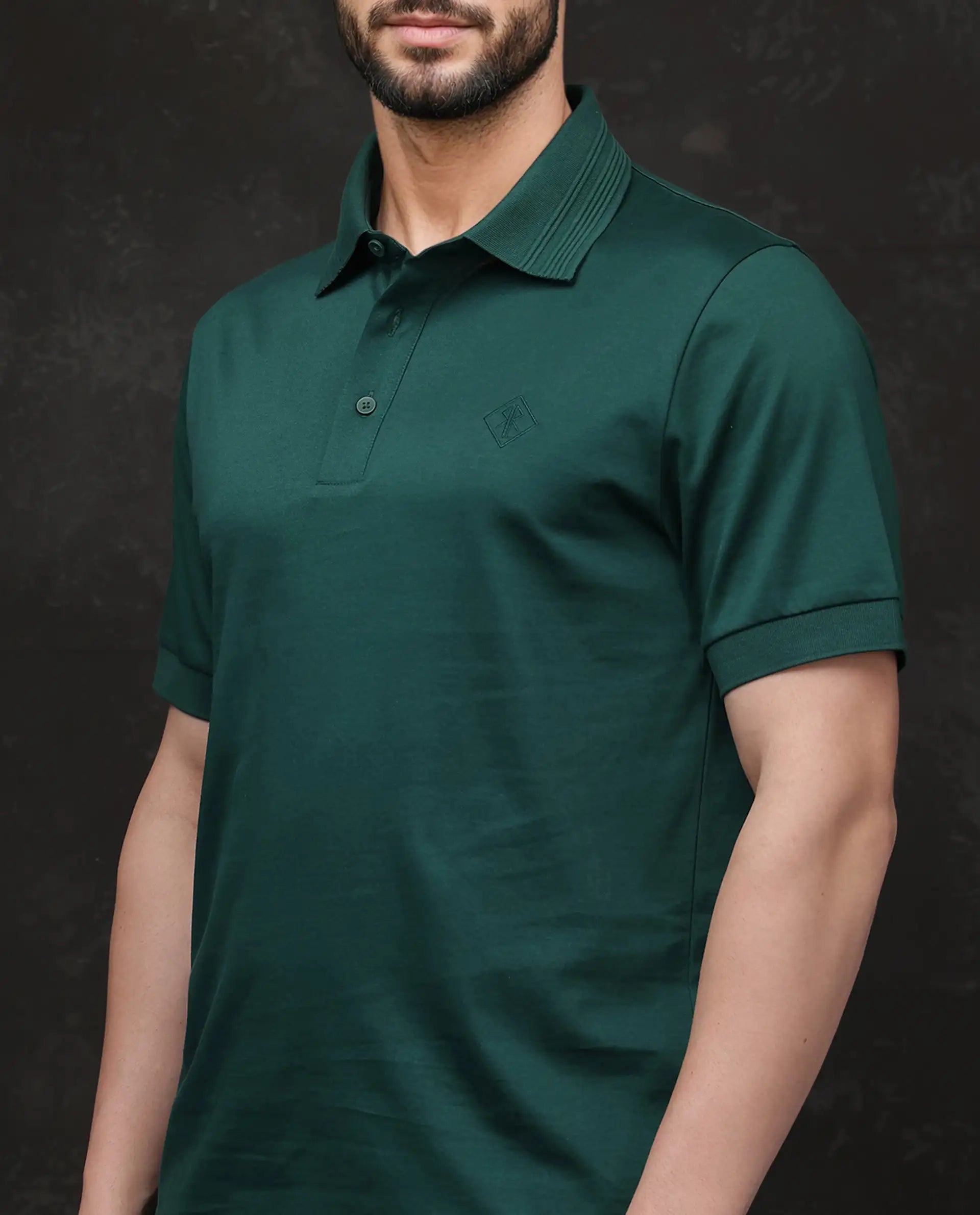 Rare Rabbit Men Ripl Dark Green Cotton Fabric Short Sleeve Collared Neck Button Closure Plain Polo