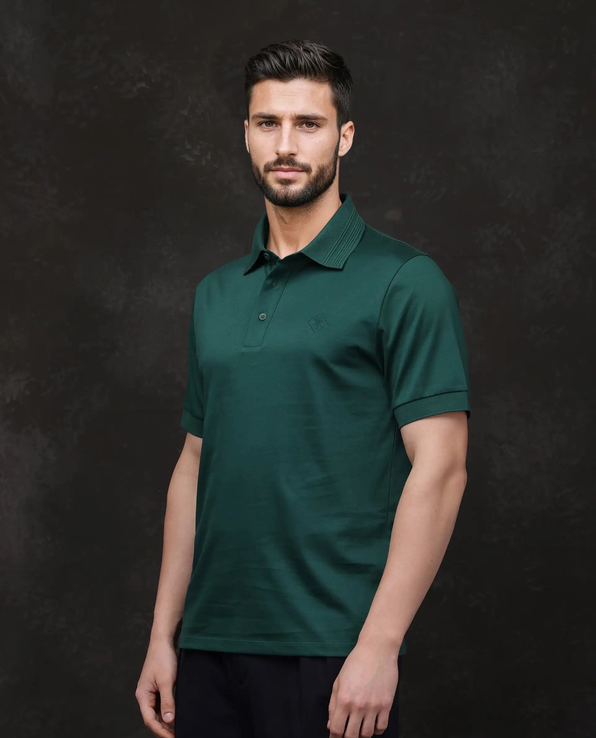 Rare Rabbit Men Ripl Dark Green Cotton Fabric Short Sleeve Collared Neck Button Closure Plain Polo