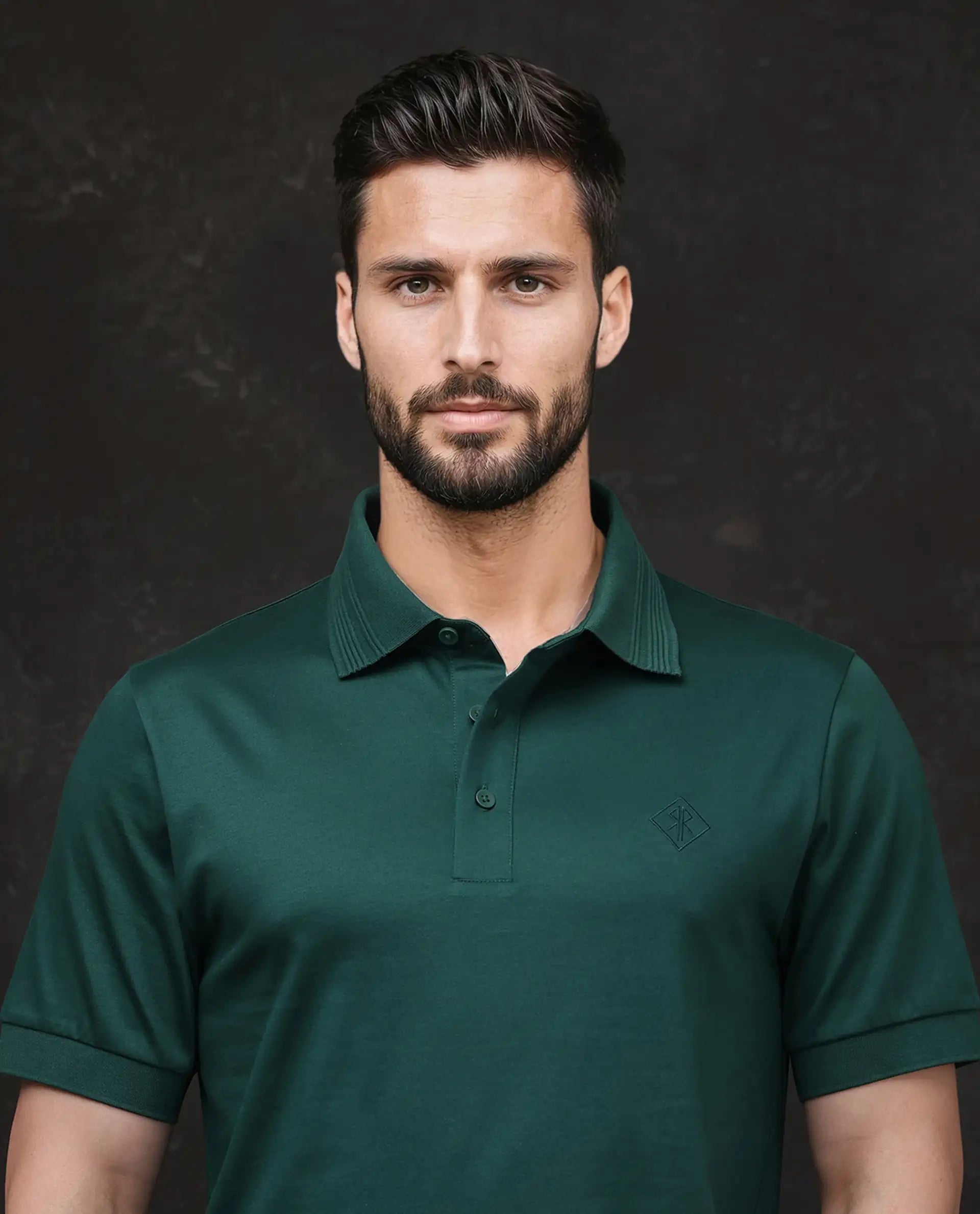 Rare Rabbit Men Ripl Dark Green Cotton Fabric Short Sleeve Collared Neck Button Closure Plain Polo