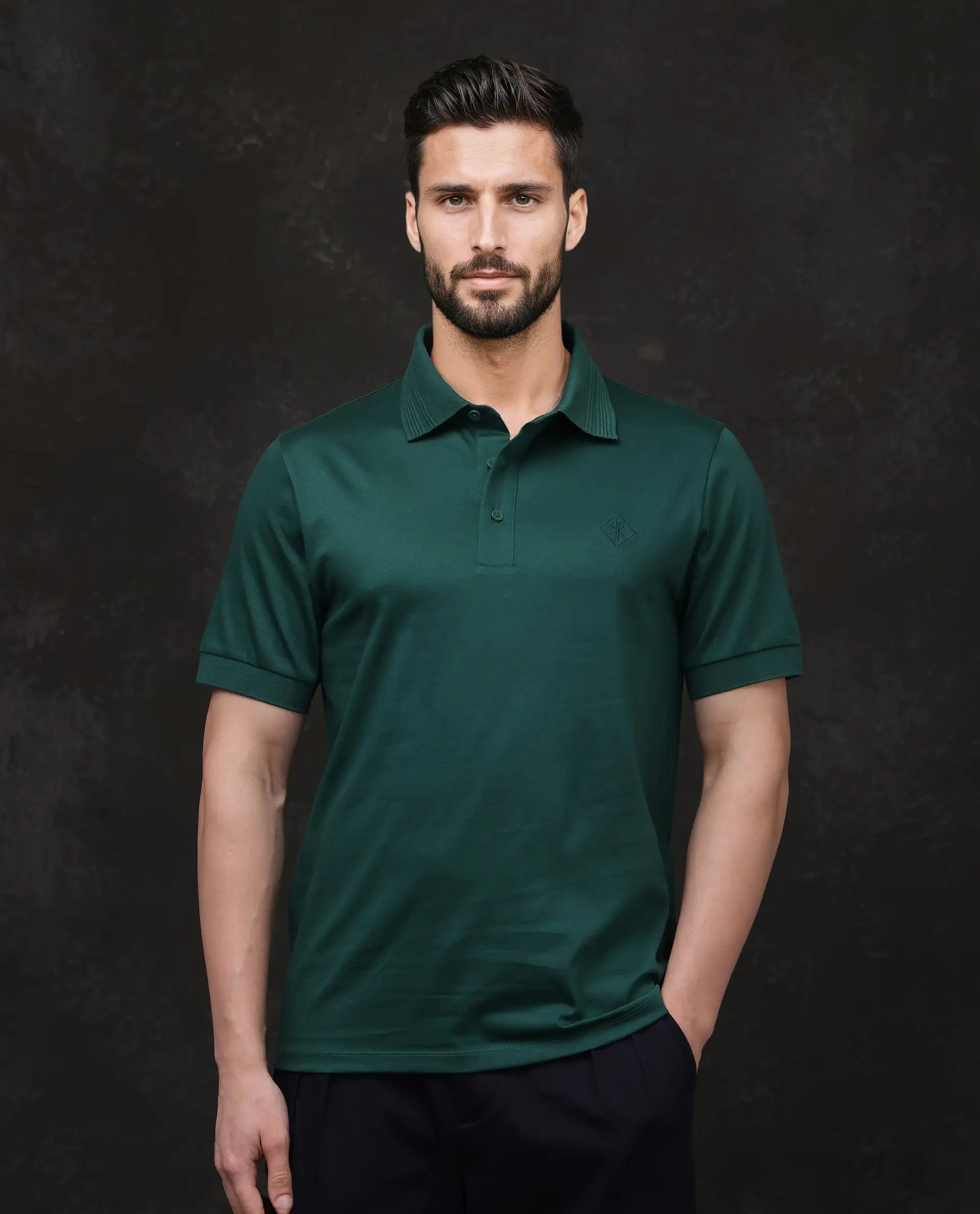 Rare Rabbit Men Ripl Dark Green Cotton Fabric Short Sleeve Collared Neck Button Closure Plain Polo