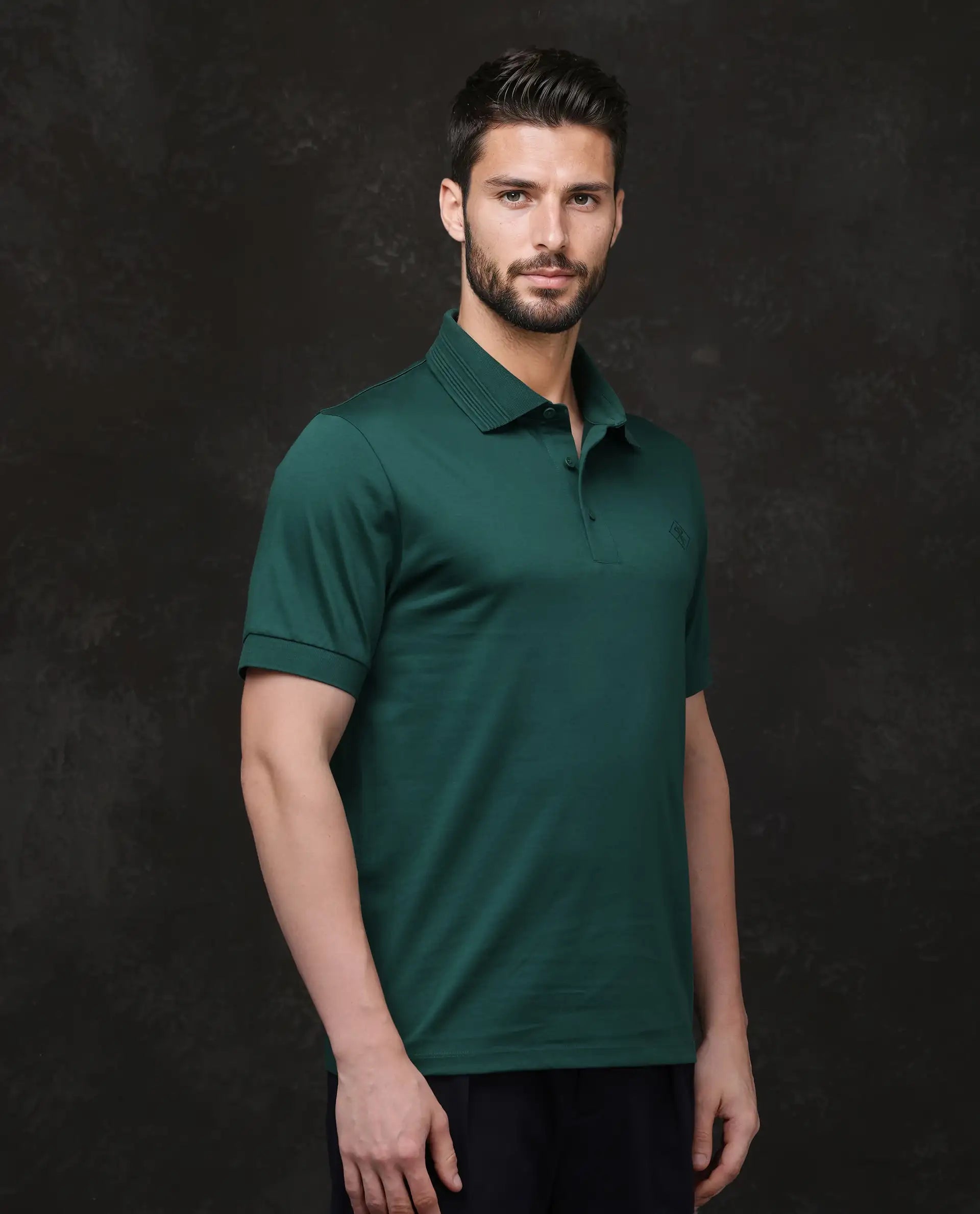 Rare Rabbit Men Ripl Dark Green Cotton Fabric Short Sleeve Collared Neck Button Closure Plain Polo
