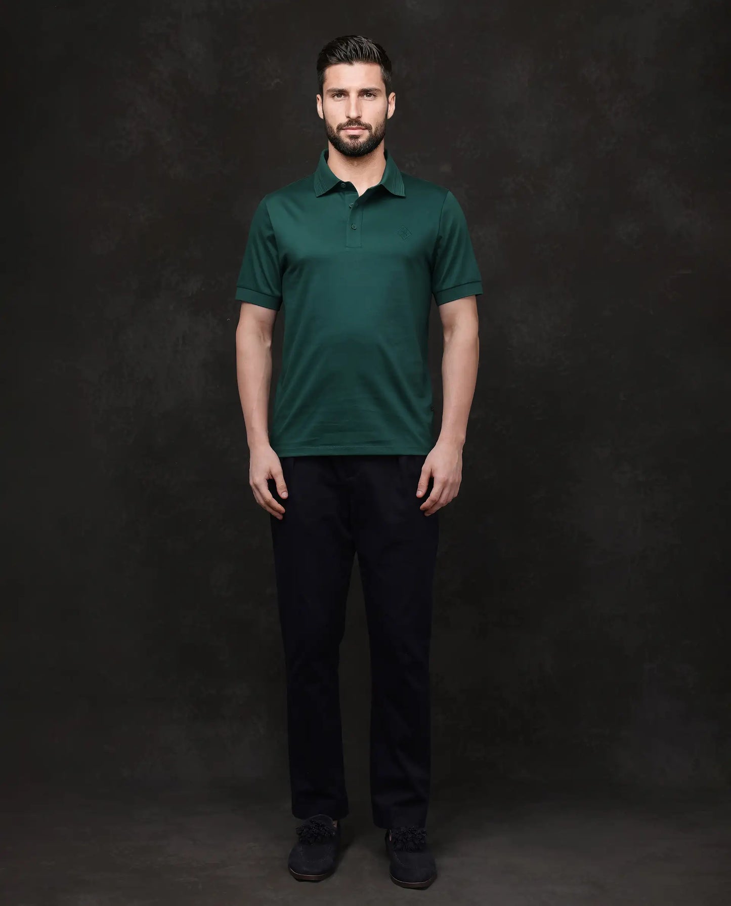 Rare Rabbit Men Ripl Dark Green Cotton Fabric Short Sleeve Collared Neck Button Closure Plain Polo