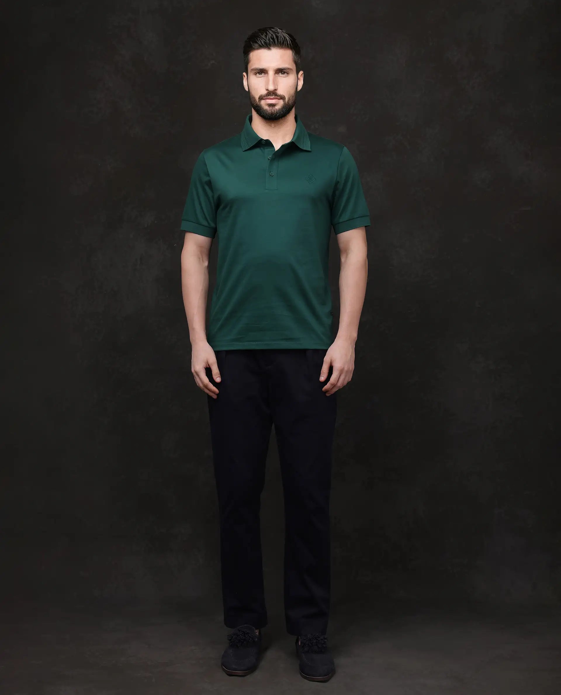 Rare Rabbit Men Ripl Dark Green Cotton Fabric Short Sleeve Collared Neck Button Closure Plain Polo