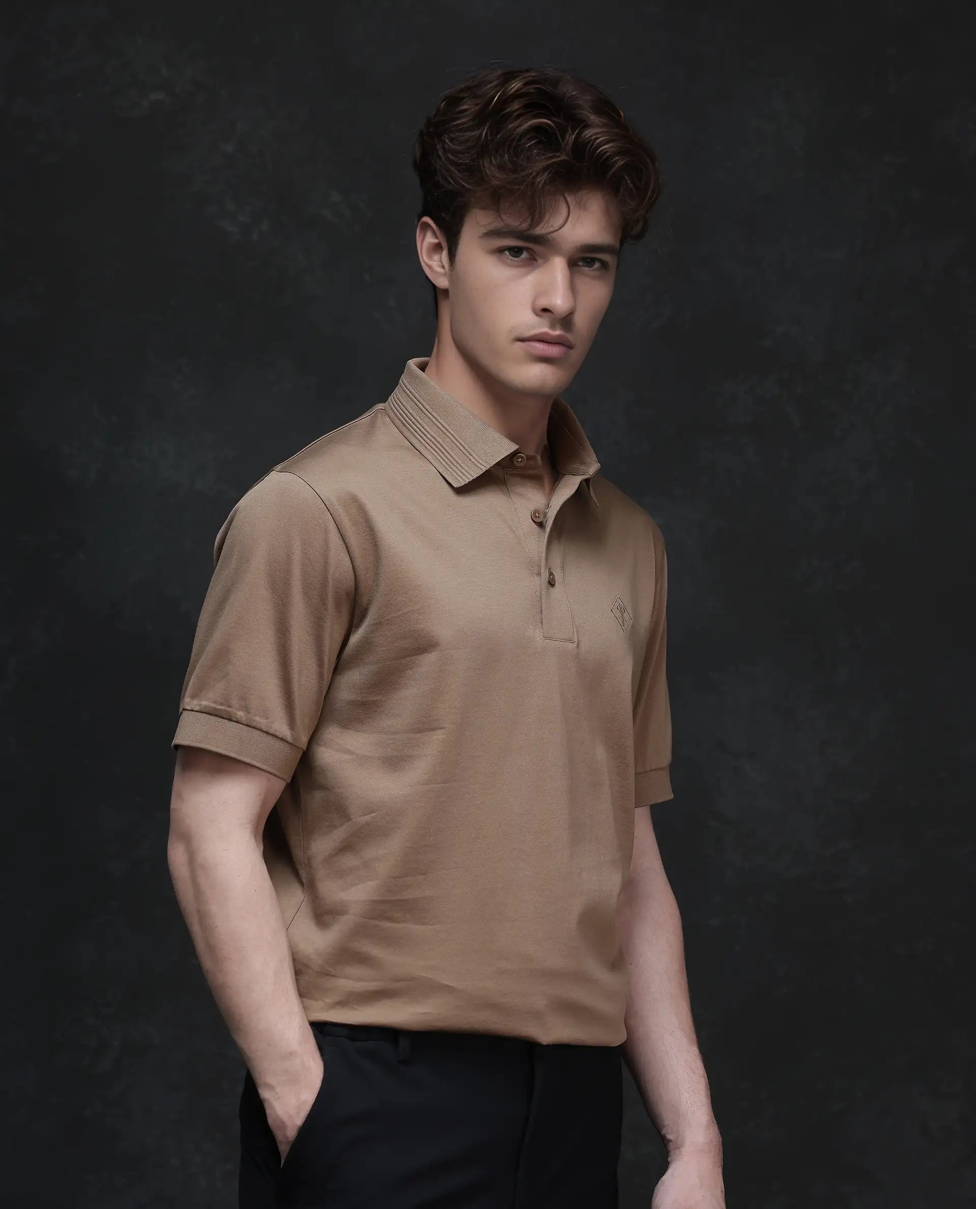Rare Rabbit Men Ripl Dusky Brown Cotton Fabric Short Sleeve Collared Neck Button Closure Plain Polo
